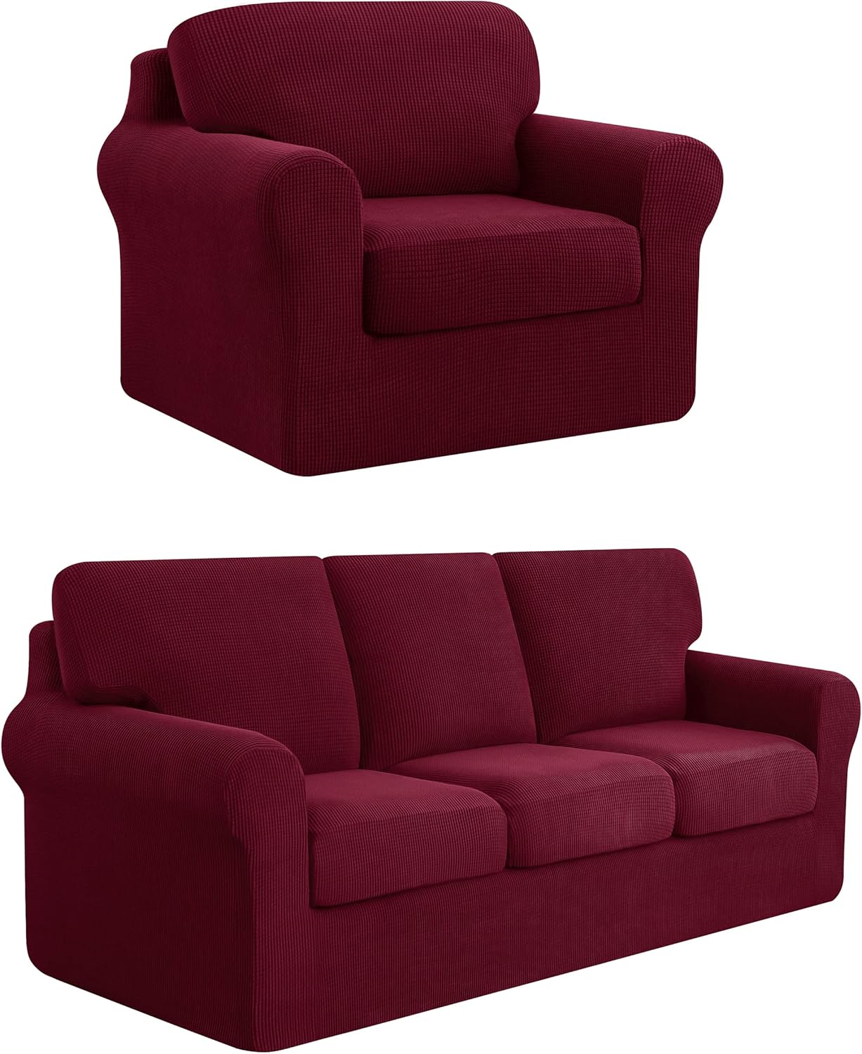 SUBRTEX 3 Piece Armchair Cover Bundles 7 Piece Sofa Cover Stretch Couch Slipcover with Separate Backrest Covers and Cushion Covers Slipcover Sets for Living Room（Small+Large,Wine）