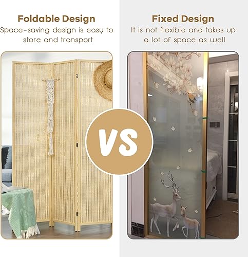 Miniatura 7 de Giantex Bamboo Room Divider, 6 Ft Tall Freestanding Folding Privacy Screen, Wooden Room Separators Divider Wall, Portable Partition Boho 4 Panel