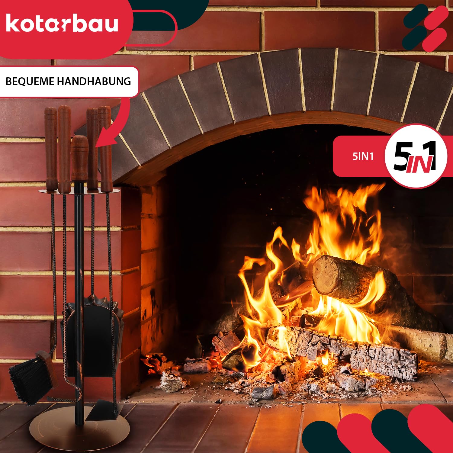 KOTARBAU® Kaminbesteck mit Ständer Set Kaminzubehör Kaminständer Schürhaken Aschekratzer Kohlenschaufel Besen Kamingarnitur Kaminset Ofenbesteck Schwarz