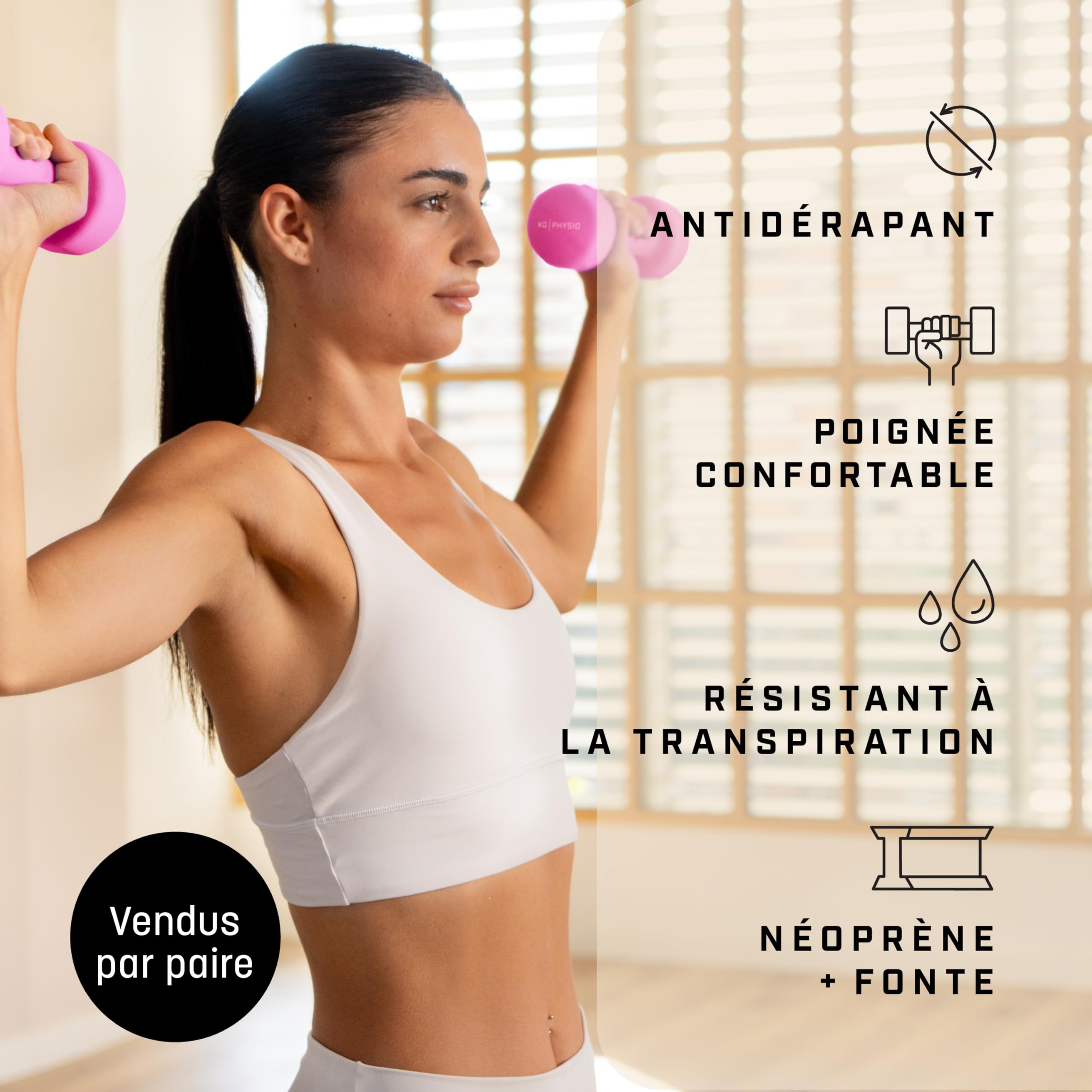 KG Physio Ensemble d'haltères avec revêtement en néoprène - Résistant à la transpiration - Avec technologie anti-roulis - Avec affiche d'exercices - Paire d'haltères de 1 à 10 kg