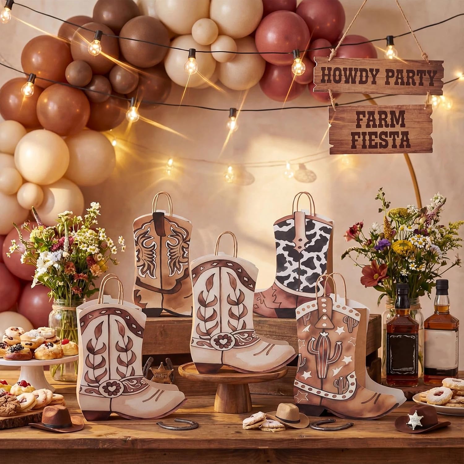 Tioncy 24 Pcs Cowboy Cowgirl Boots Paper Bags Western Theme Party Decorations Wild West Kraft Gift Bags with Handle Rodeo Boot Goodie Bag for Bachelorette Last Rodeo (Assorted Style,Brown)