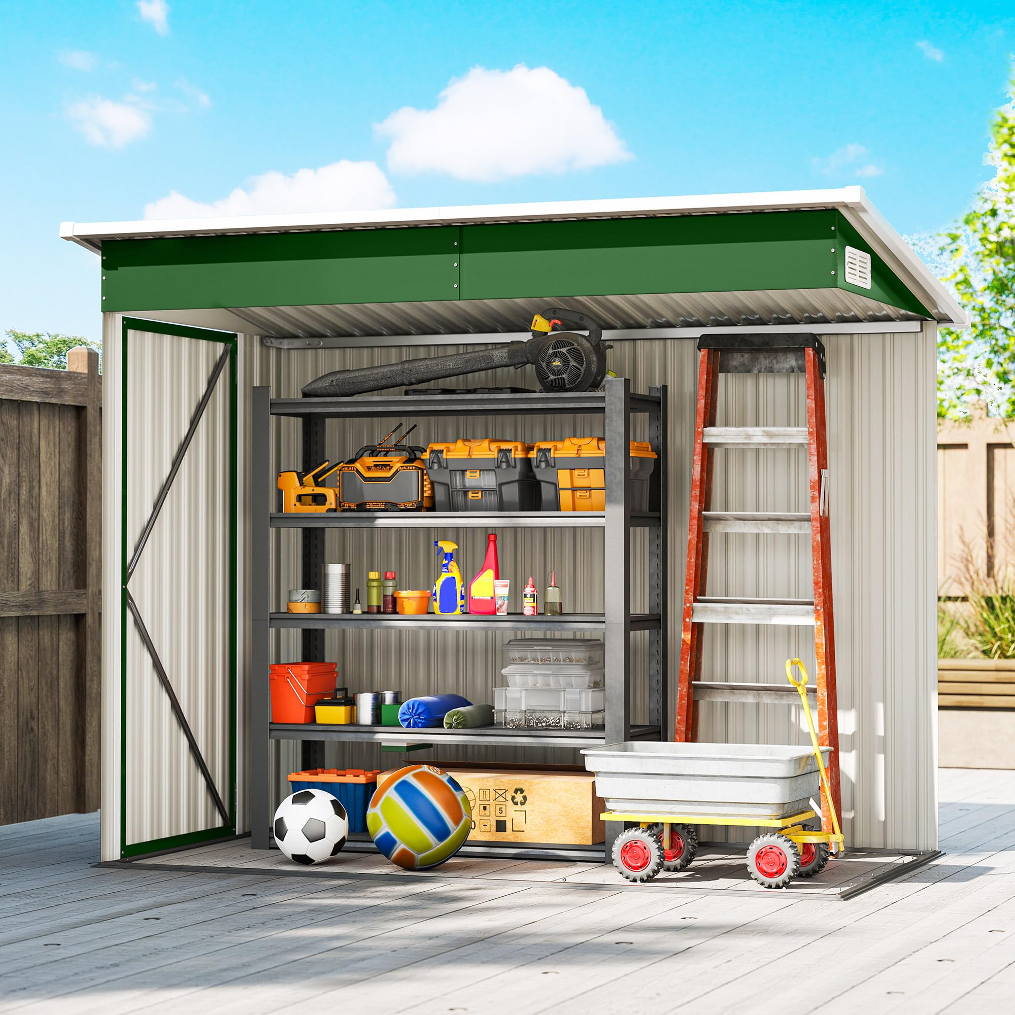 Outsunny Caseta de Jardín Exterior 2,7 m², 234x132x185 cm, Cobertizo de Jardín Exterior Metálico con Triple Puerta, Cerradura, Techo Inclinado y Ventilación para Almacenamiento de Herramientas, Verde