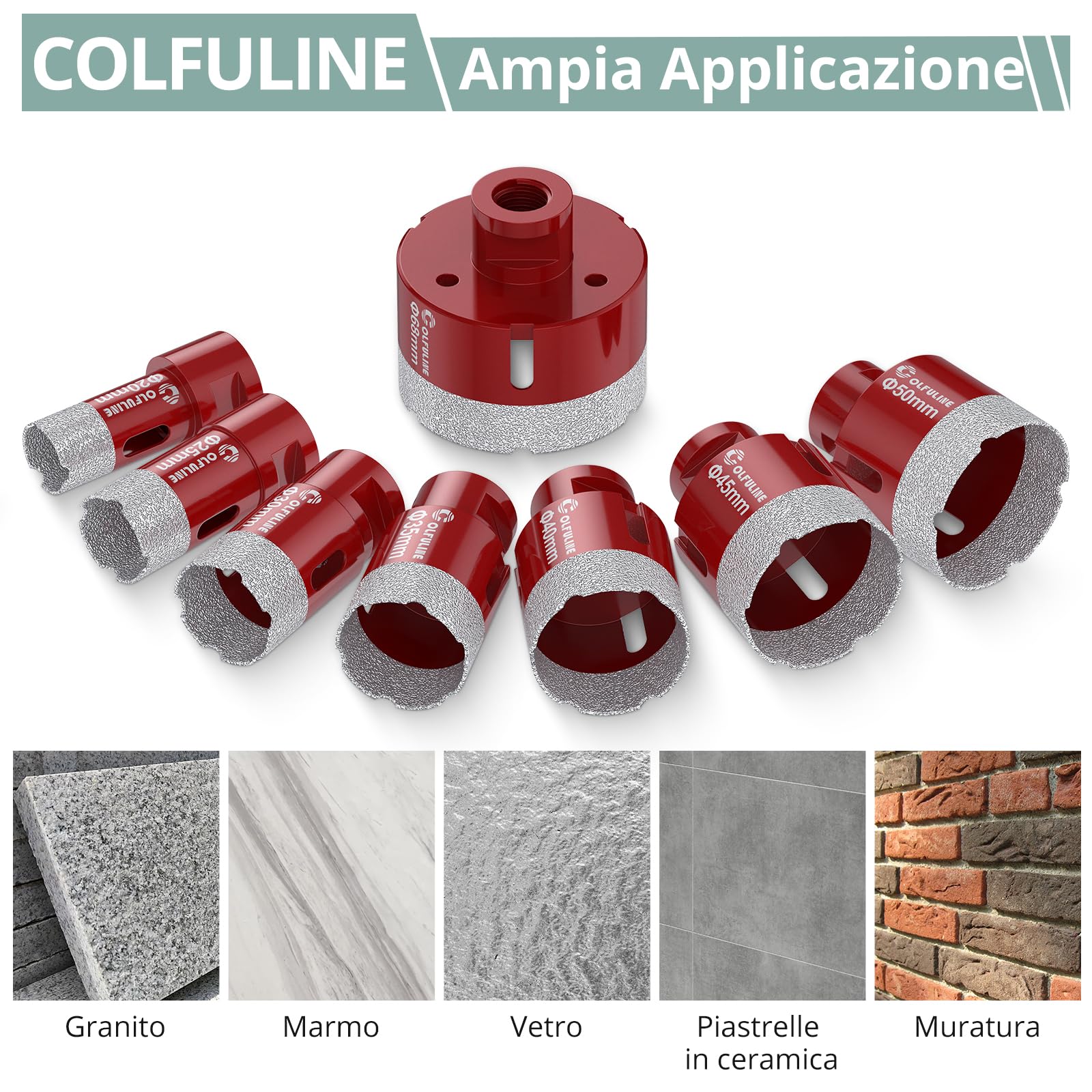 COLFULINE 8 Pezzi M14 Set di Punte Diamantate per Trapano con 20/25/30/35/40/45/50/68mm per Vetro Piastrelle Granito Porcellana Ceramica