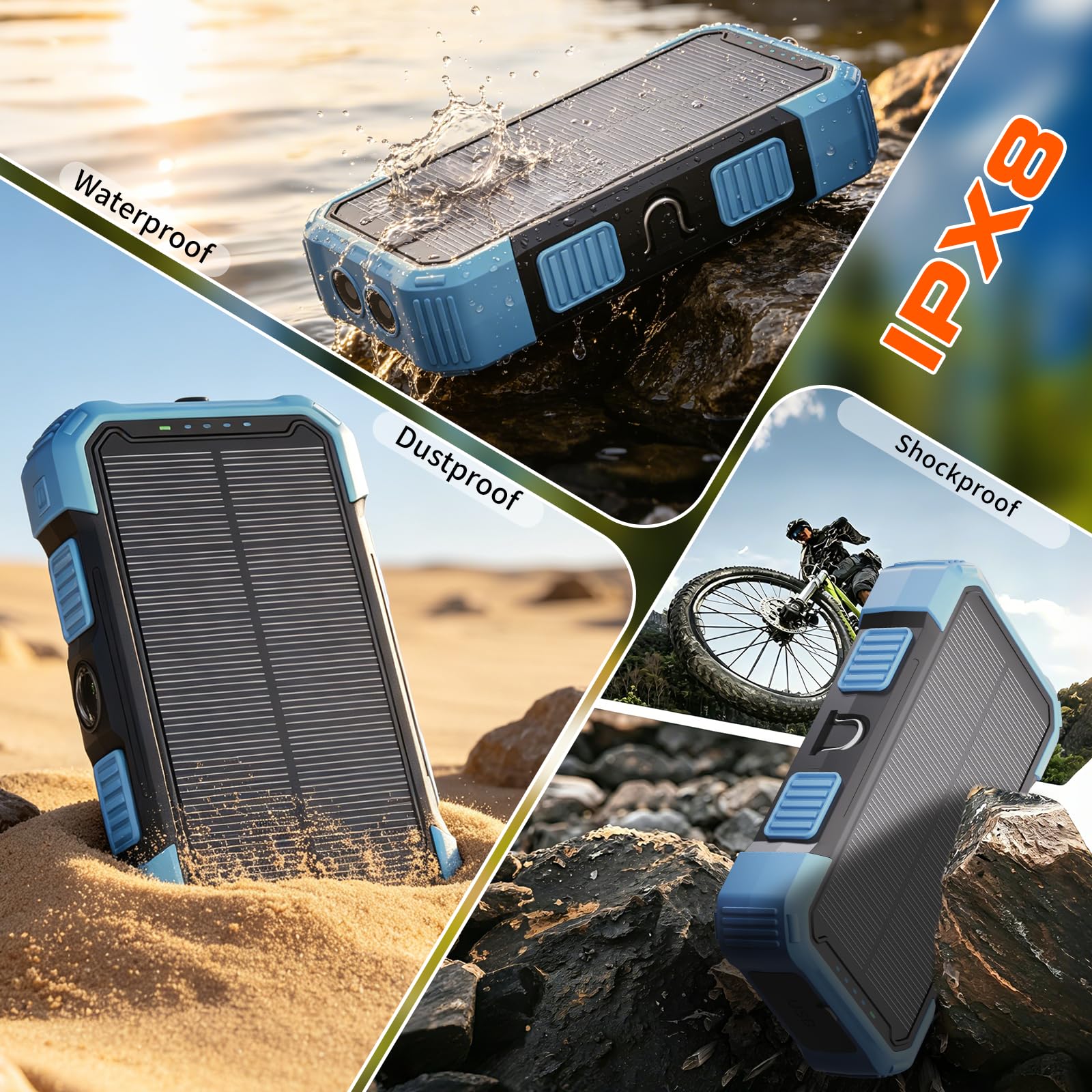 Caricatore solare Power Bank 20000 mAh, 22,5 W PD caricabatterie portatile a ricarica rapida con cavi integrati batteria USB-C, doppia torcia a LED, compatibile con iPhone e Android per campeggio