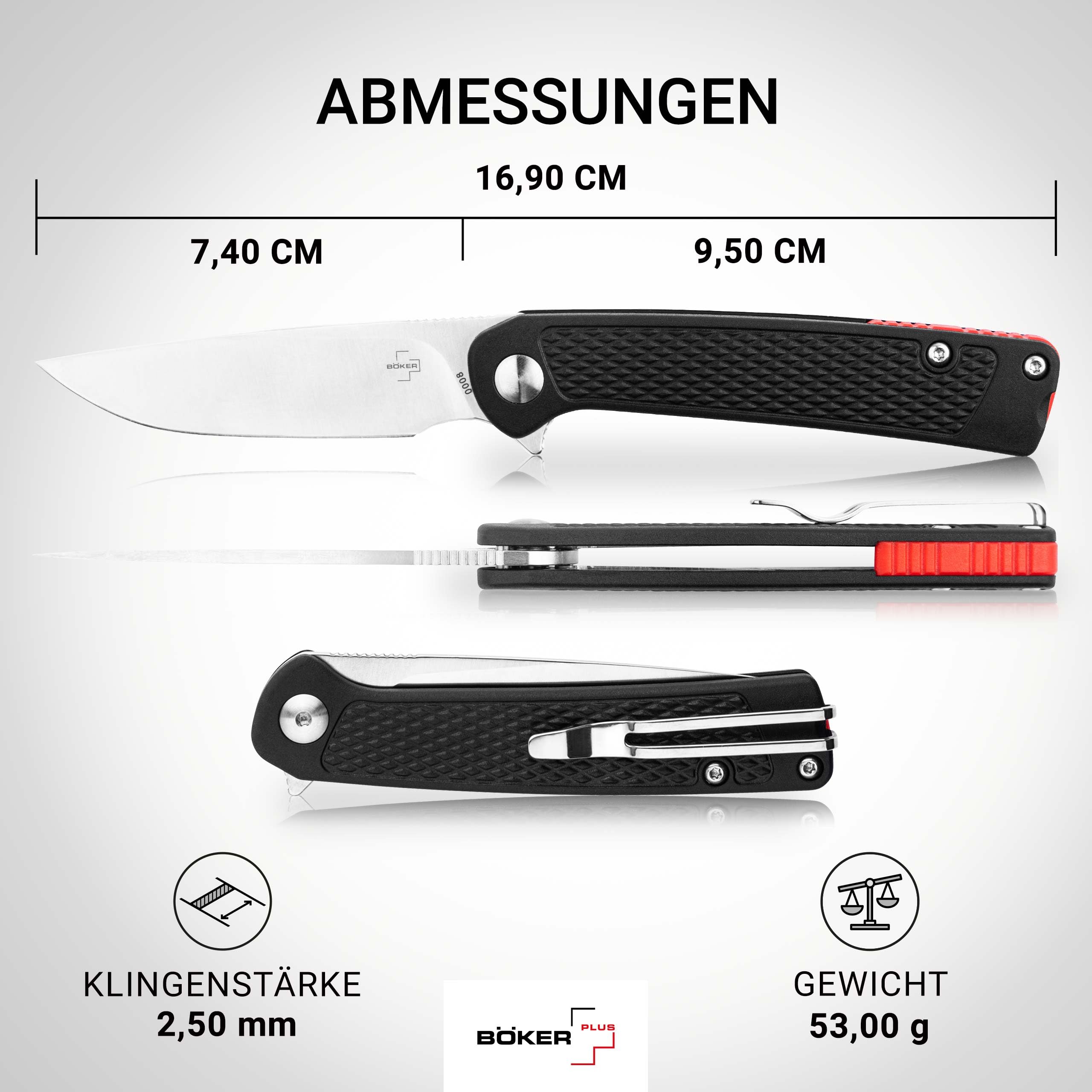 BÖKER PLUS Fire Ant Black - Premium Flipper Taschenmesser mit Detent Ball - leichtes Klappmesser 42a konform - EDC Messer mit Clip & Pinzette - Droppoint Faltmesser