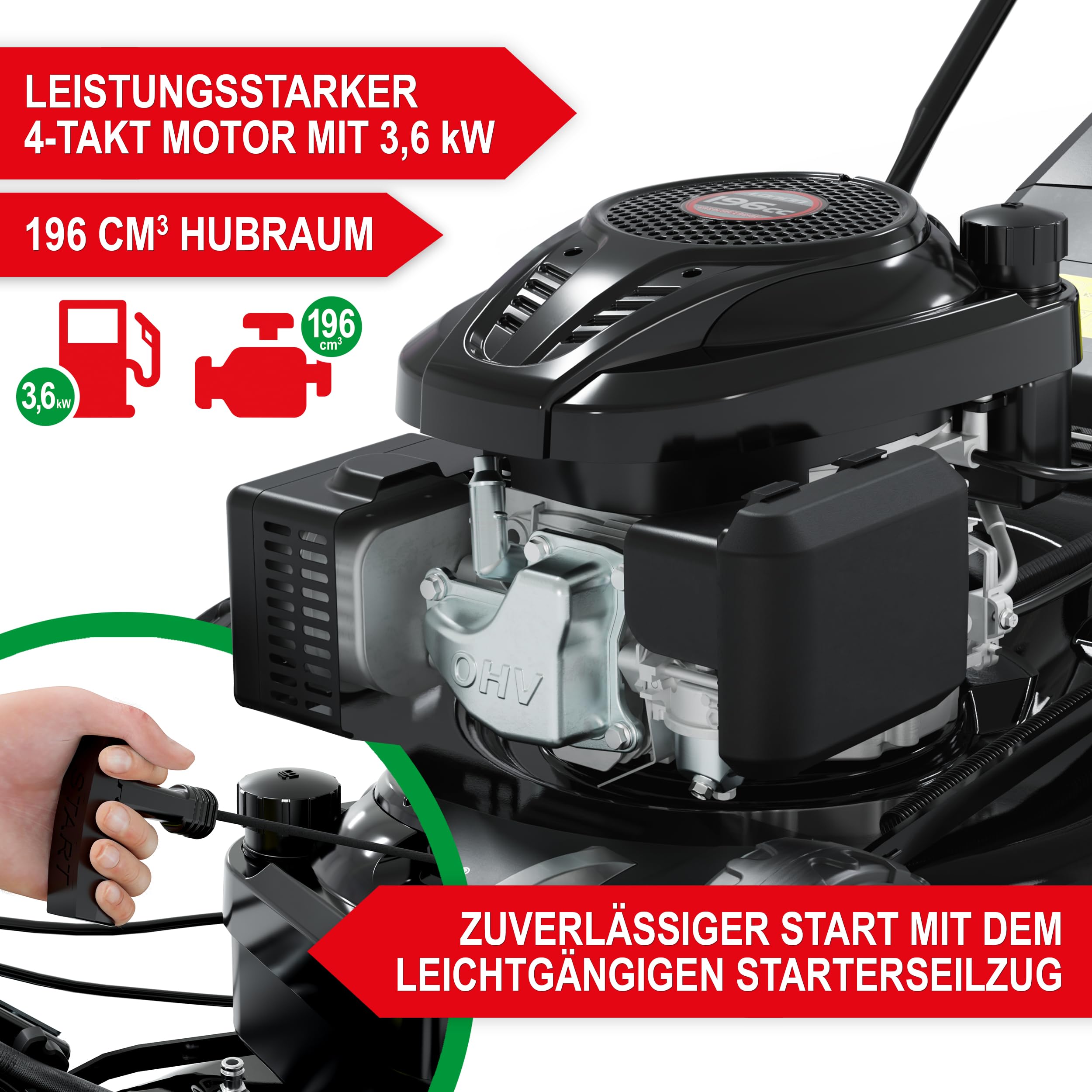 ONBEST 5IN1 Benzin Rasenmäher 6,5 PS – 51 cm mit Radantrieb | 196 cm³ 4-Takt Motor mit 4-Klingen-Schneidsystem, 60 L Fangkorb, Seitenauswurf und großer Schnittbreite