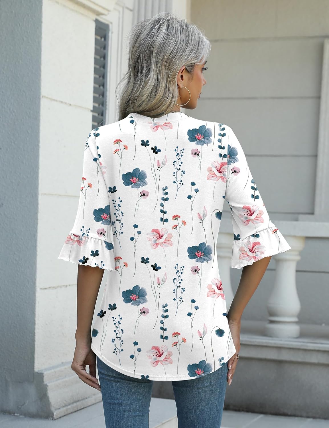 Rapbin Womens 3/4 Length Sleeve Blouses Ruffle Cuffs V Neck Button Down Shirts Dressy Flowy Tunic Tops - Image 5