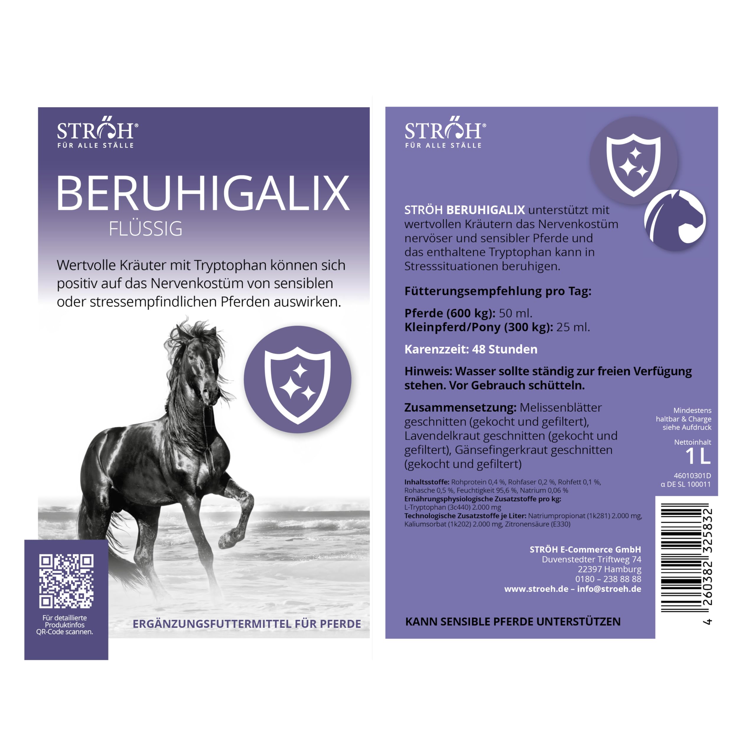 STRÖH "BERUHIGALIX (1l) Beruhigung Pferd • Anti-Stress & gegen Angst • Kräuter für Pferde • Küsten-Elixier mit Tryptophan