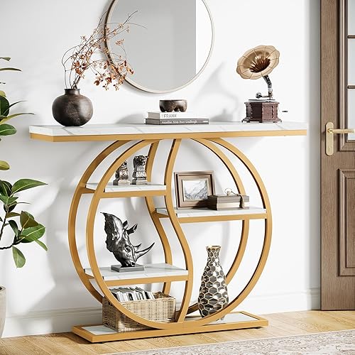 Miniatura 9 de Tribesigns Mesa consola industrial de 47.24 pulgadas, mesa de entrada de 5 niveles con patas ajustables, mesa de sofá larga estrecha con estantes de