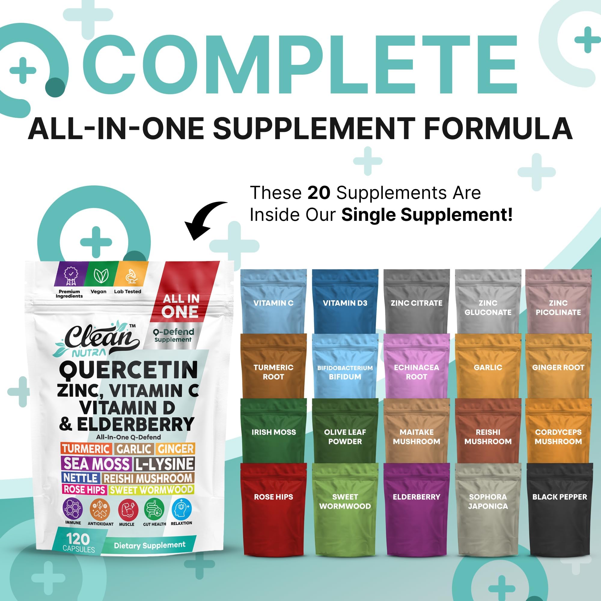 Q Defend Quercetin Supplement with Zinc Vitamin C Vitamin D Elderberry Turmeric Black Pepper Garlic Ginger Sea Moss Lysine Stinging Nettle Reishi Mushroom Immune Support 120 Capsules by Clean Nutra — Amazon image 2