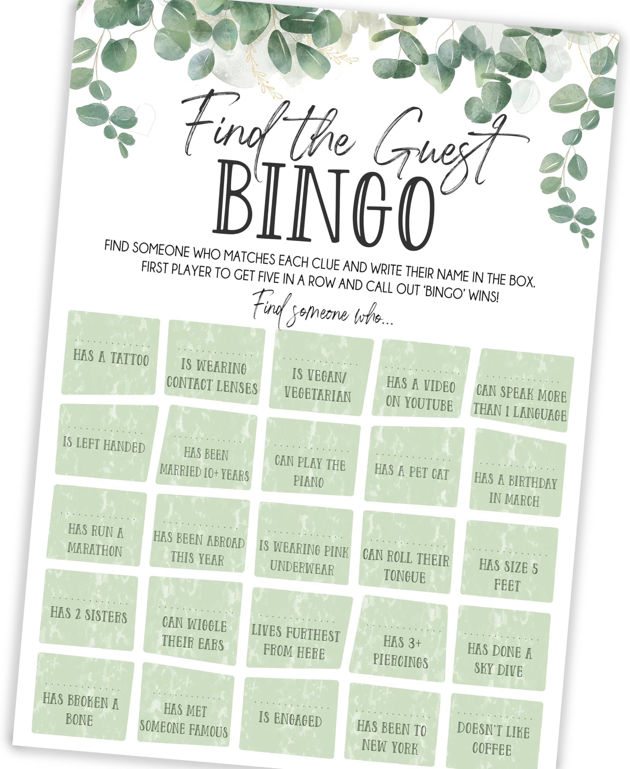 Find the Guest Bingo - Party Game - 20 Players - Eucalyptus - Hen Party | Baby Shower | Wedding