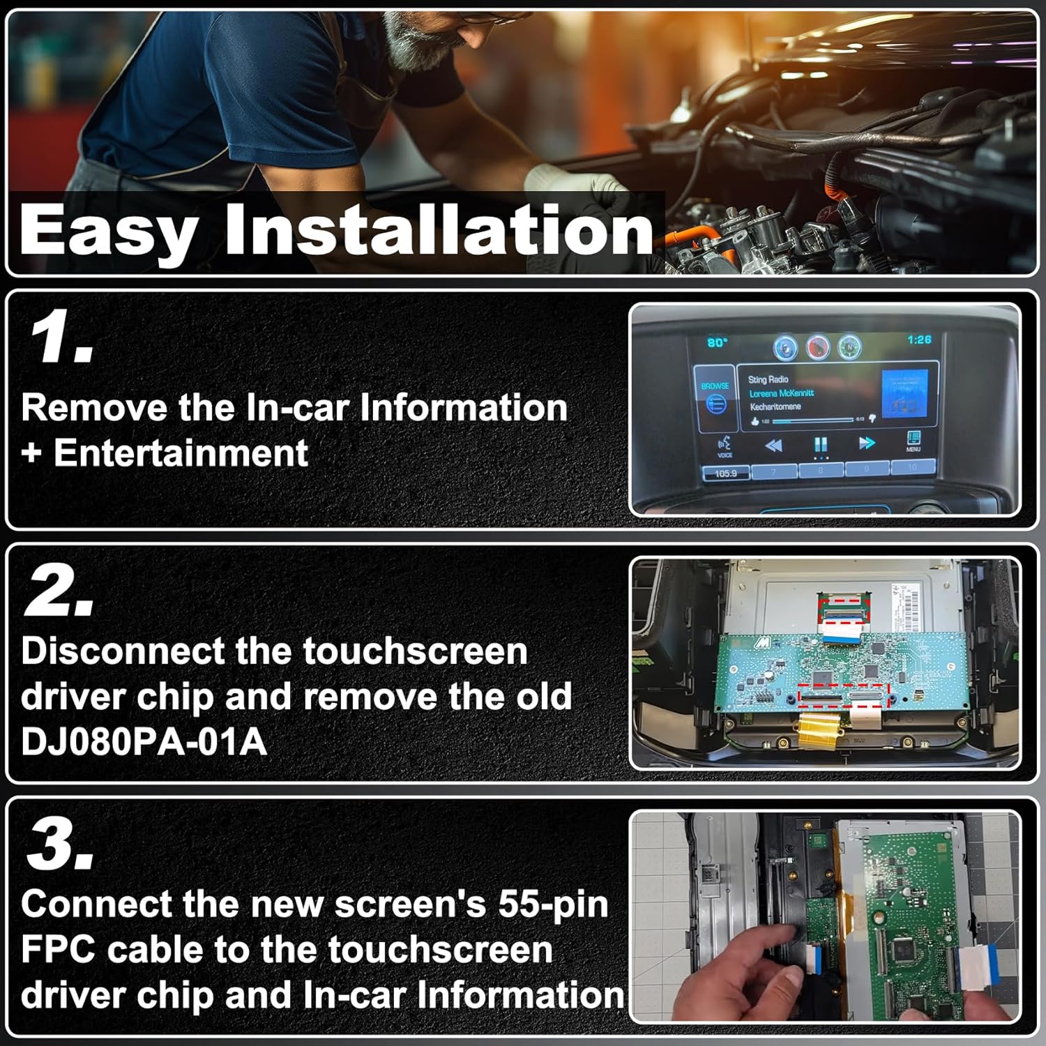 8'' DJ080PA-01A LCD Touch Screen Replacement for MyLink/GMC IntelliLink System (55 Pin) - Compatible with 2015-2018 Chevy Silverado Suburban Tahoe/GMC Yukon Sierra, 800×480P Display, 2-Year WTY