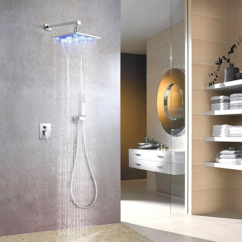 Miniatura 2 de SKOWLL Juego de mezclador de ducha de lluvia, montaje en pared, sistema de ducha LED de 10 pulgadas con válvula de ducha de 2 funciones, cromo