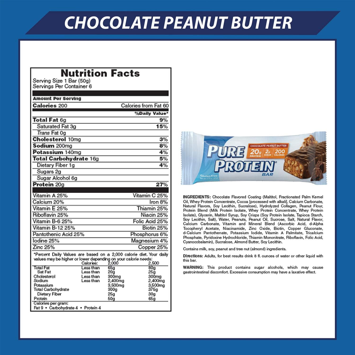 Pure Protein Bars, High Protein, Nutritious Snacks to Support Energy, Low Sugar, Gluten Free, Chocolate Peanut Butter, 1.76 oz, Pack of 6