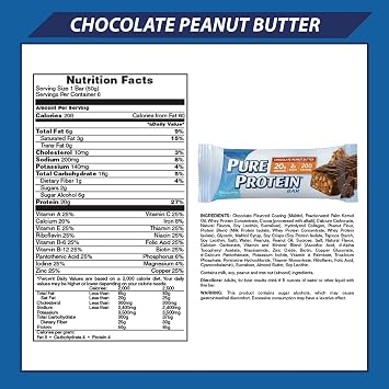 Pure Protein Bars, High Protein, Nutritious Snacks to Support Energy, Low Sugar, Gluten Free, Chocolate Peanut Butter, 1.76 oz, Pack of 6