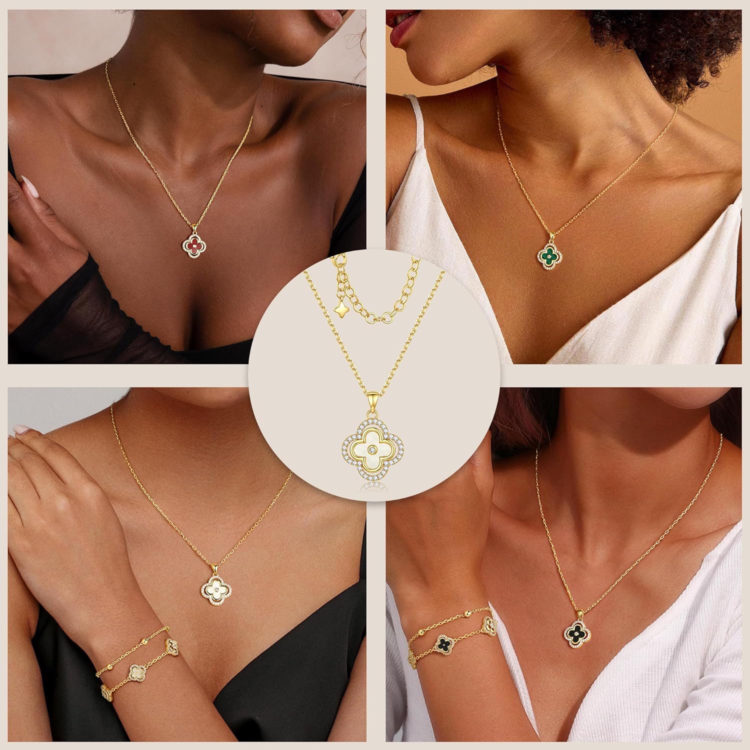 Turandoss Clover Necklace for Women - Dainty 14K Gold Plated CZ Pendant Necklaces Colorful Four Leaf Clover Necklace Lucky Necklaces Lucky Jewelry Gifts for Women Trendy