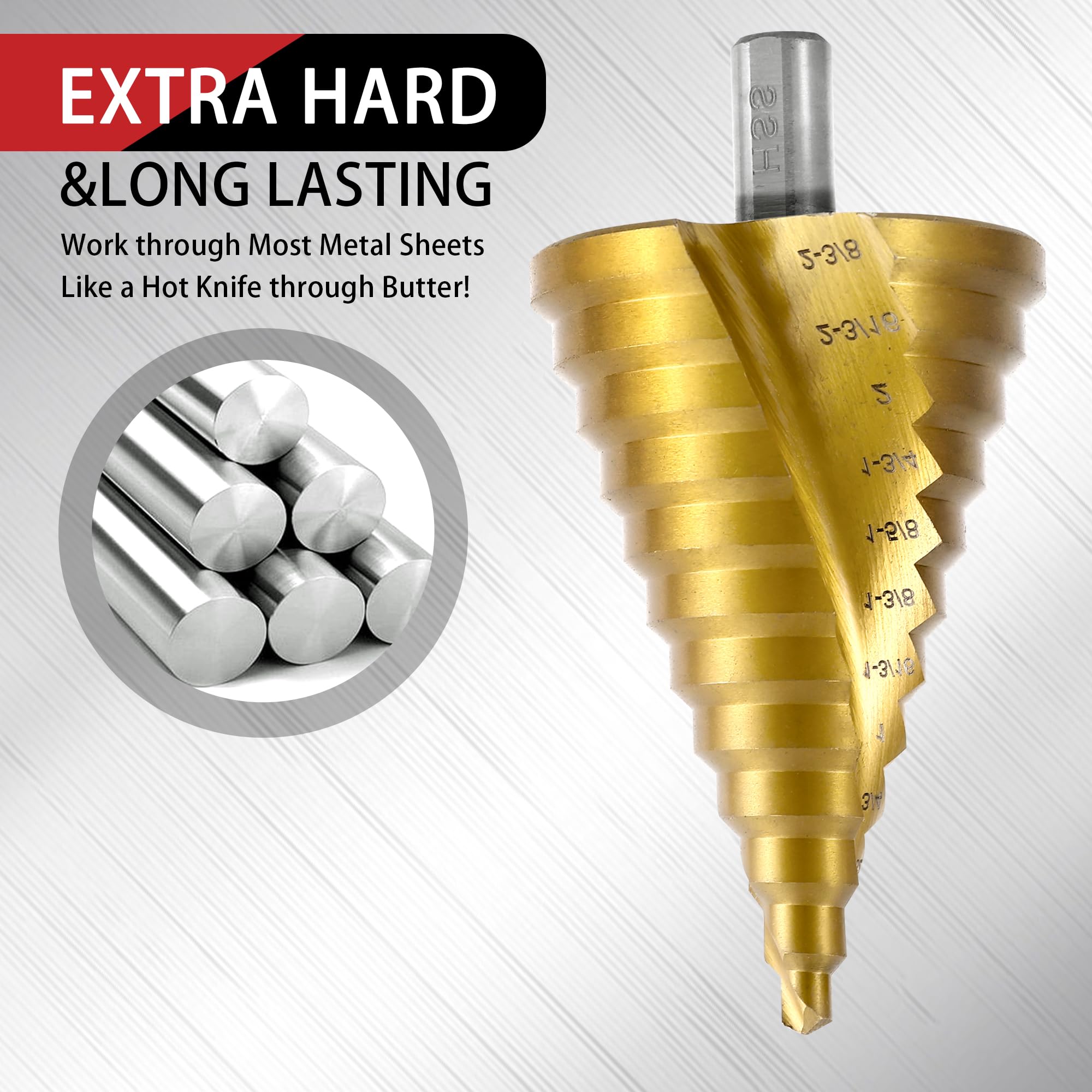 Punta per trapano a gradino HSS con scanalatura a spirale, 12 gradini in acciaio ad alta velocità da 1/4" a 2-3/8", per acciaio inossidabile, alluminio, plastica e legno, grande foro