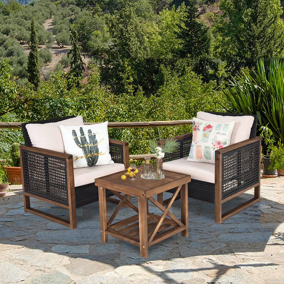 COSTWAY Ensemble de Meubles 3 Pièces de Patio en Rotin Charge 160KG (Beige)