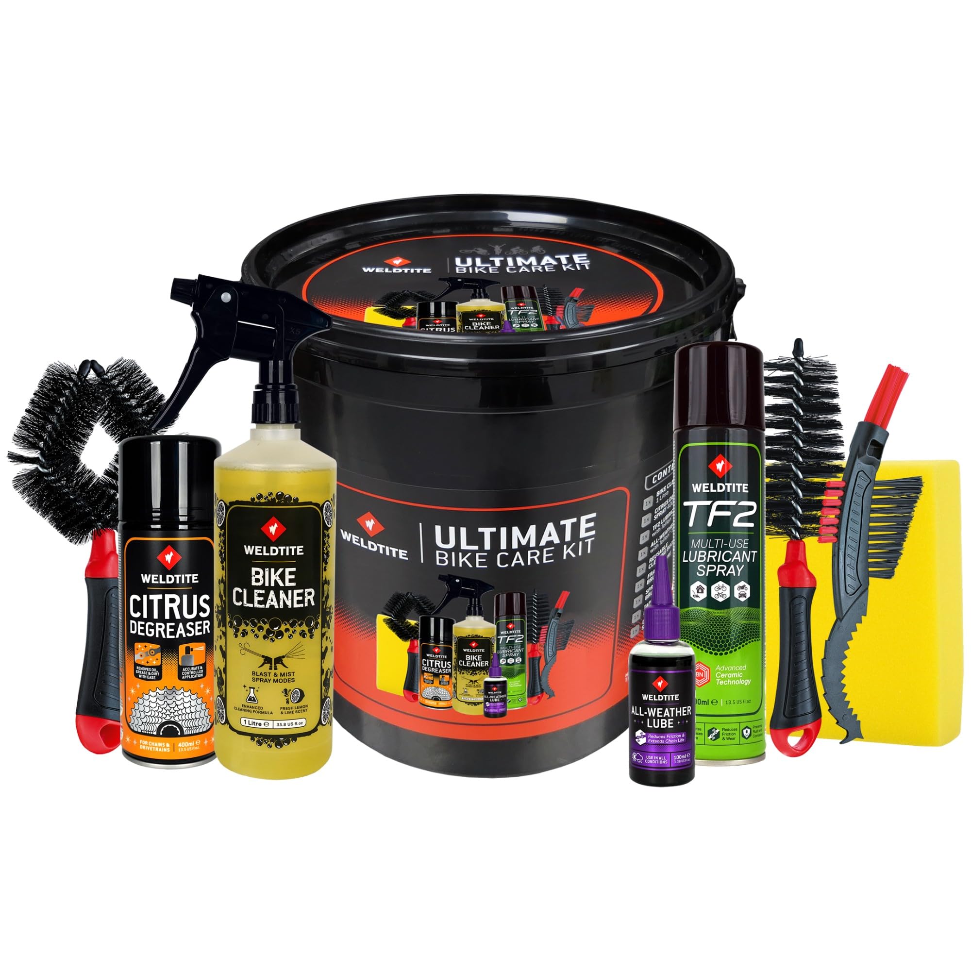 WELDTITE Ultimate Bike Care Kit Bucket - All-in-One Bicycle Maintenance Set With TF2 Spray, All Weather Lube, Cleaner, Degreaser, Brushes & Sponge