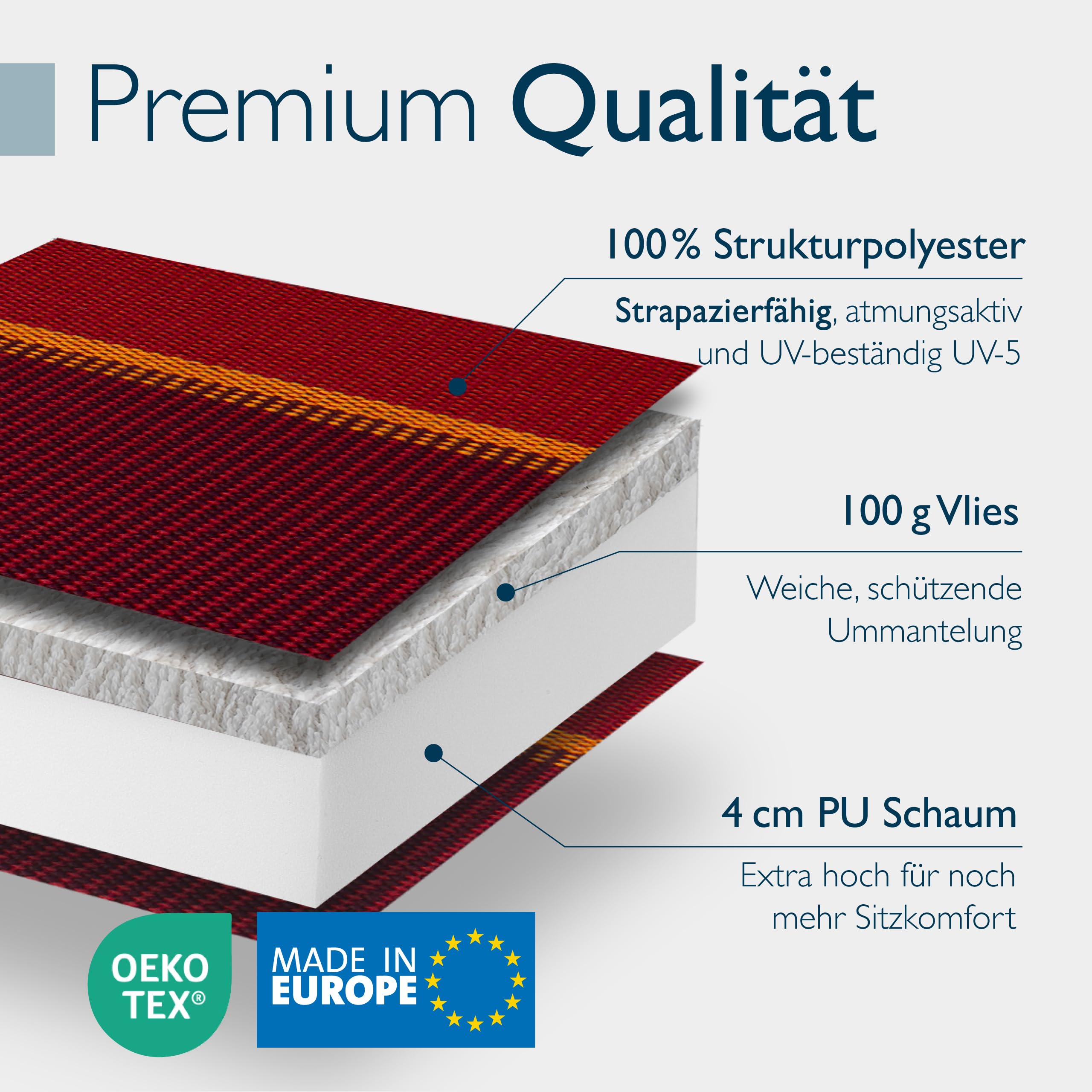 Beautissu 6er Set Premium Hochlehner Auflage mit Kopfpolster 120x50cm Sun-HL – 8cm Dick Polster Gartenstuhlauflage rutschfest Befestigungsbänder UV-Lichtechtheit 5 – Robust Stoff Rot Gestreift