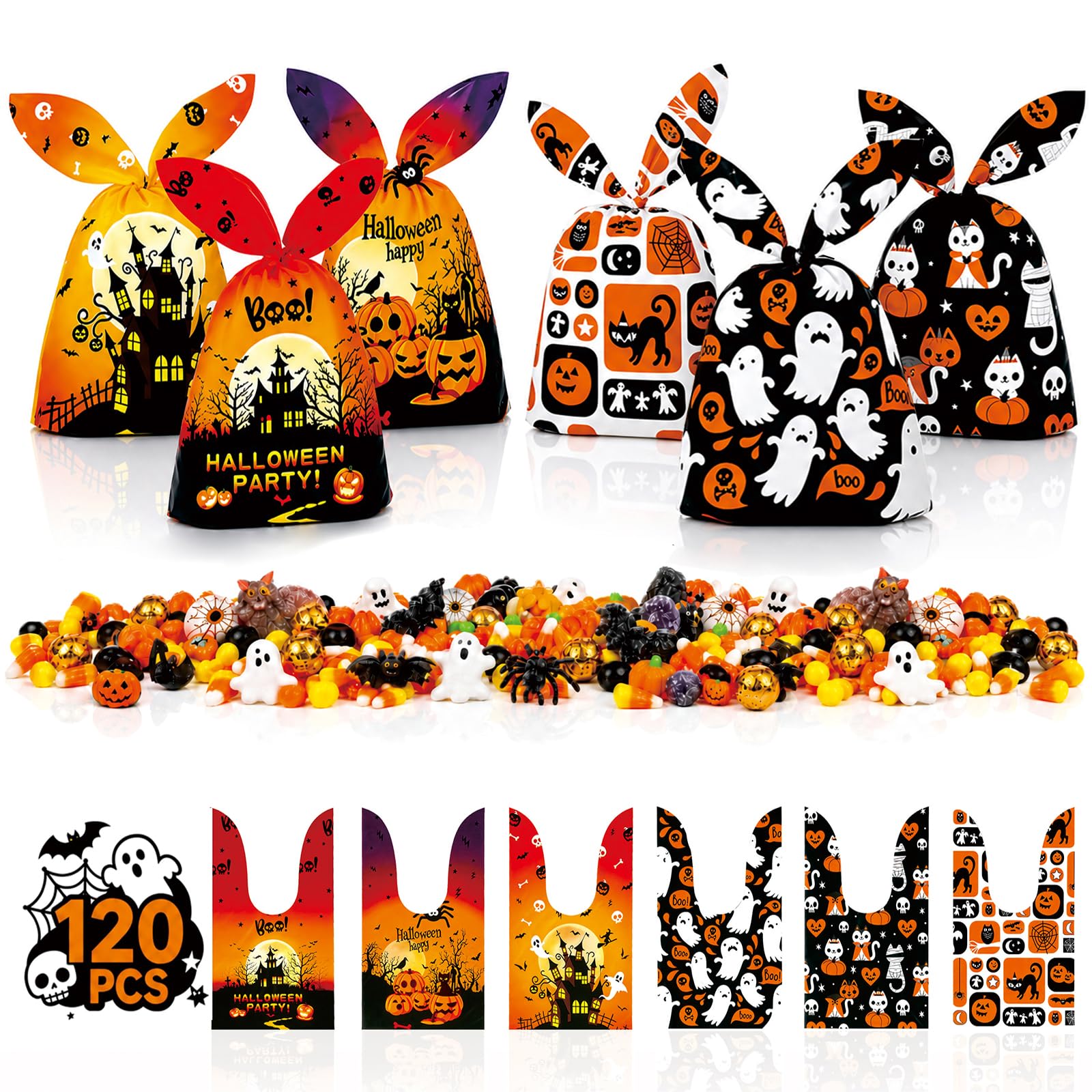ANGELEMM Halloween Treat Bags for Sweets - 120PCS Halloween Party Gift Bags for Trick or Treating Candy Snack Biscuit Small Toy Supplies,6 Patterns