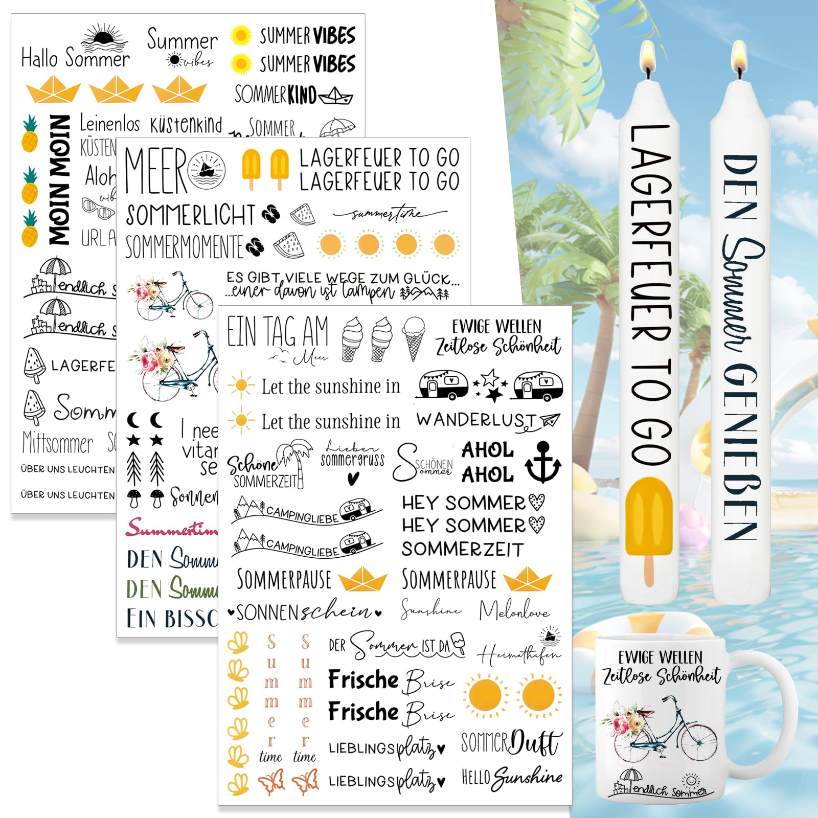 Kerzentattoo,3 Stück DIN A4 Sommerkerzentattoos,Kerzensticker Sommer,Kerzentattoos verschiedene Motive,Wasserschiebefolie,Kerzen adekorieren,Sommer,Sommerkerze,Sprüche