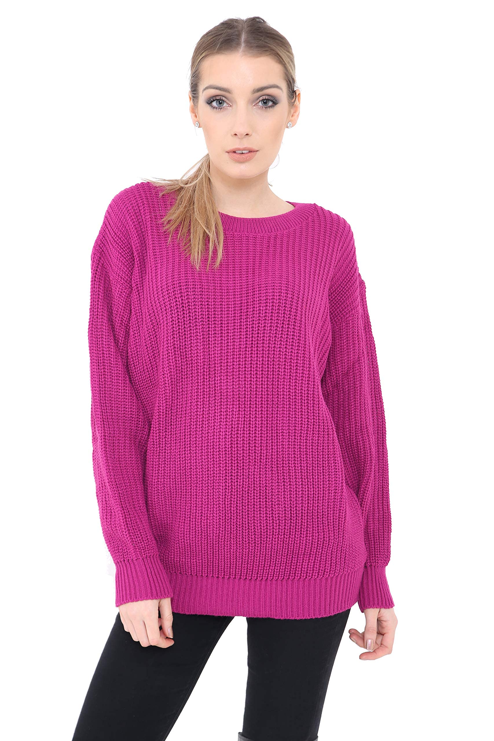 Top Vendor Ladies Women Knitted Long Sleeves Crew Neck Over Sized Fisher Knit Baggy Jumper Chunky Knit Sweater TOP Plus Size (XX-Large, Cerise)