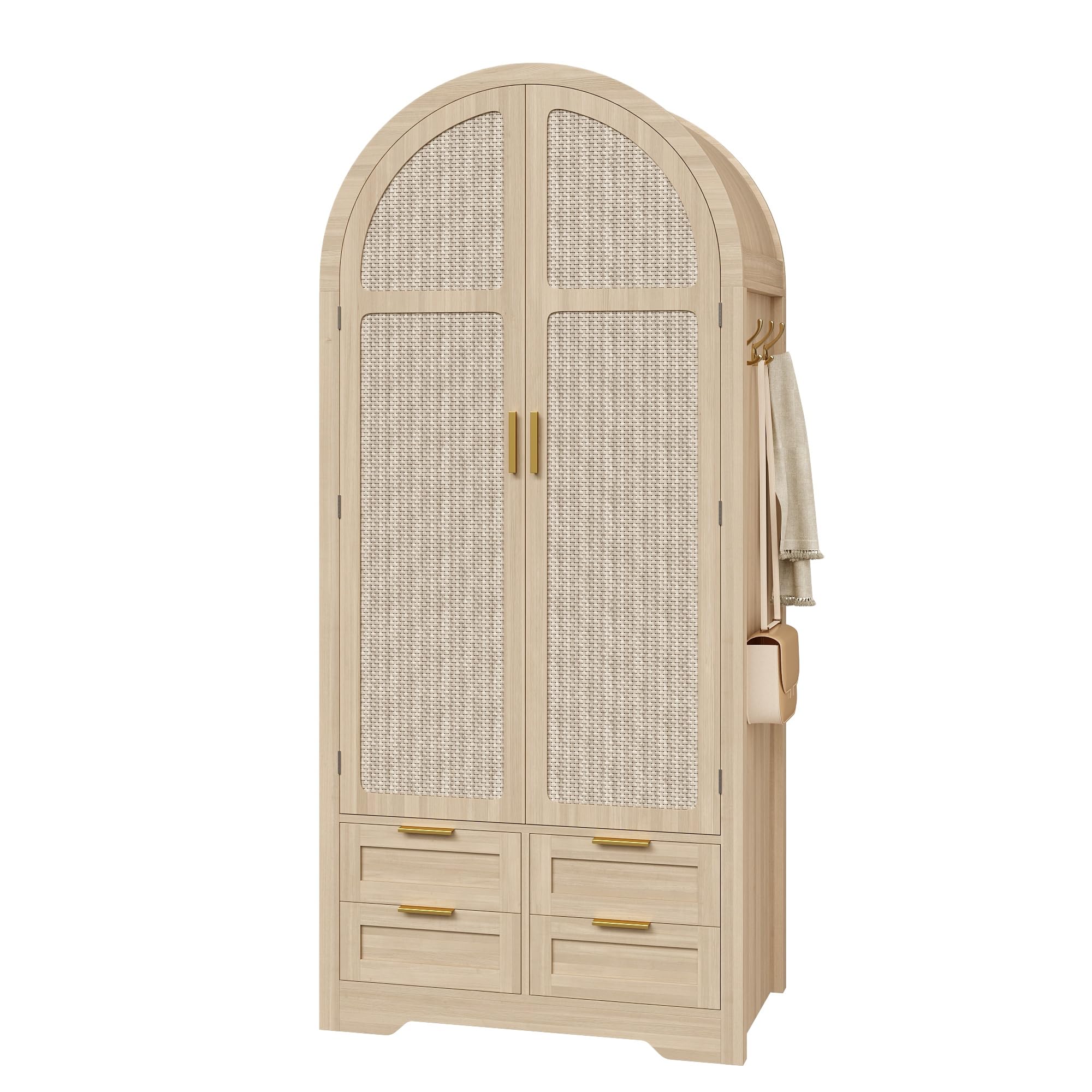 Azkoeesy Armadio moderno ad arco, ante effetto rattan, 4 cassetti, maniglie dorate, 80 x 50 x 179 cm, per camera da letto e corridoio (quercia)