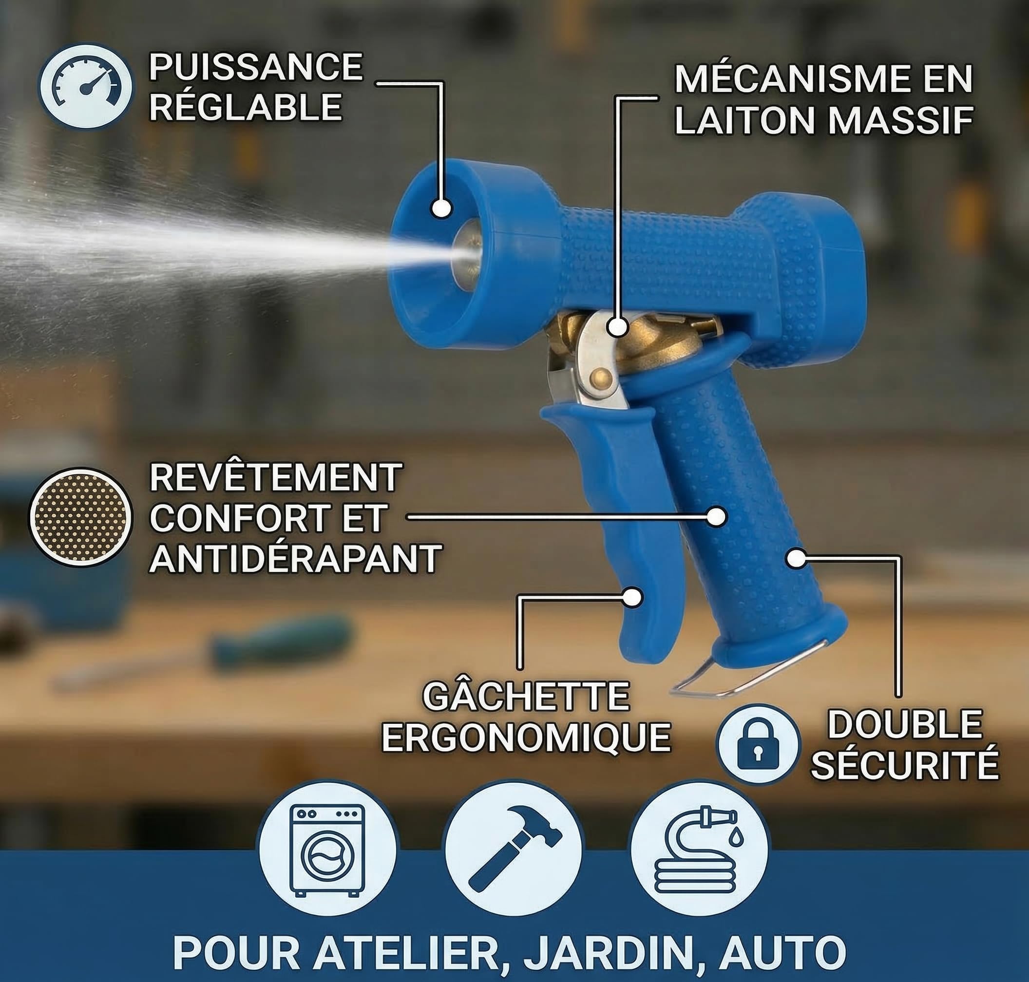 Pistolet de Nettoyage Professionnel 1/2" – Laiton Haute Résistance, Jet Réglable, Poignée Antidérapante – Industrie, Restauration, Atelier, Agriculture, Arrosage