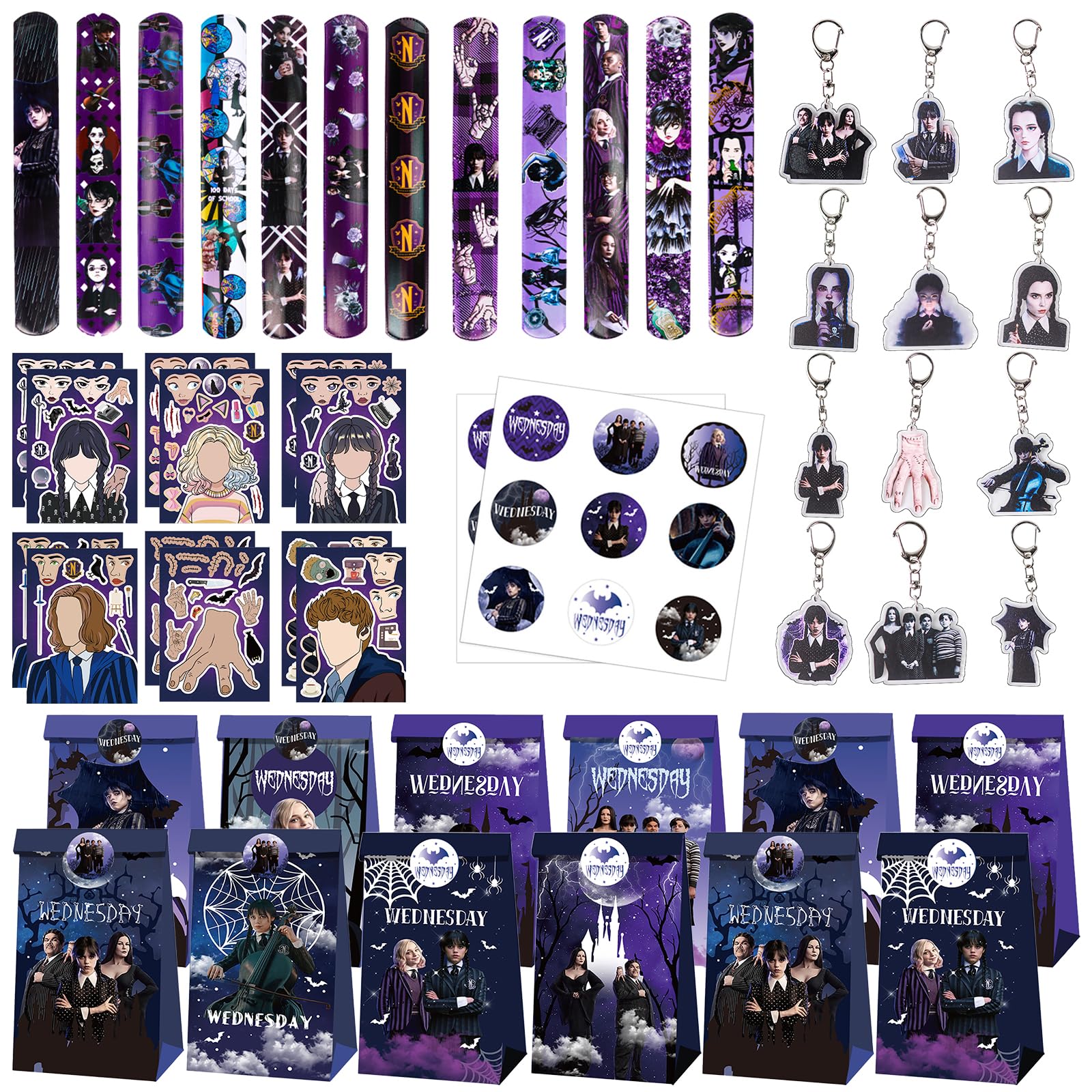 48Pcs Cartoon Party Mitgebsel Kindergeburtstag Set, Schnapparmband Kinder Set, Geschenktüte Geburtstag, DIY Sticker Kinder, Schlüsselanhänger, Für Jungen und Mädchen Party Favours (A)