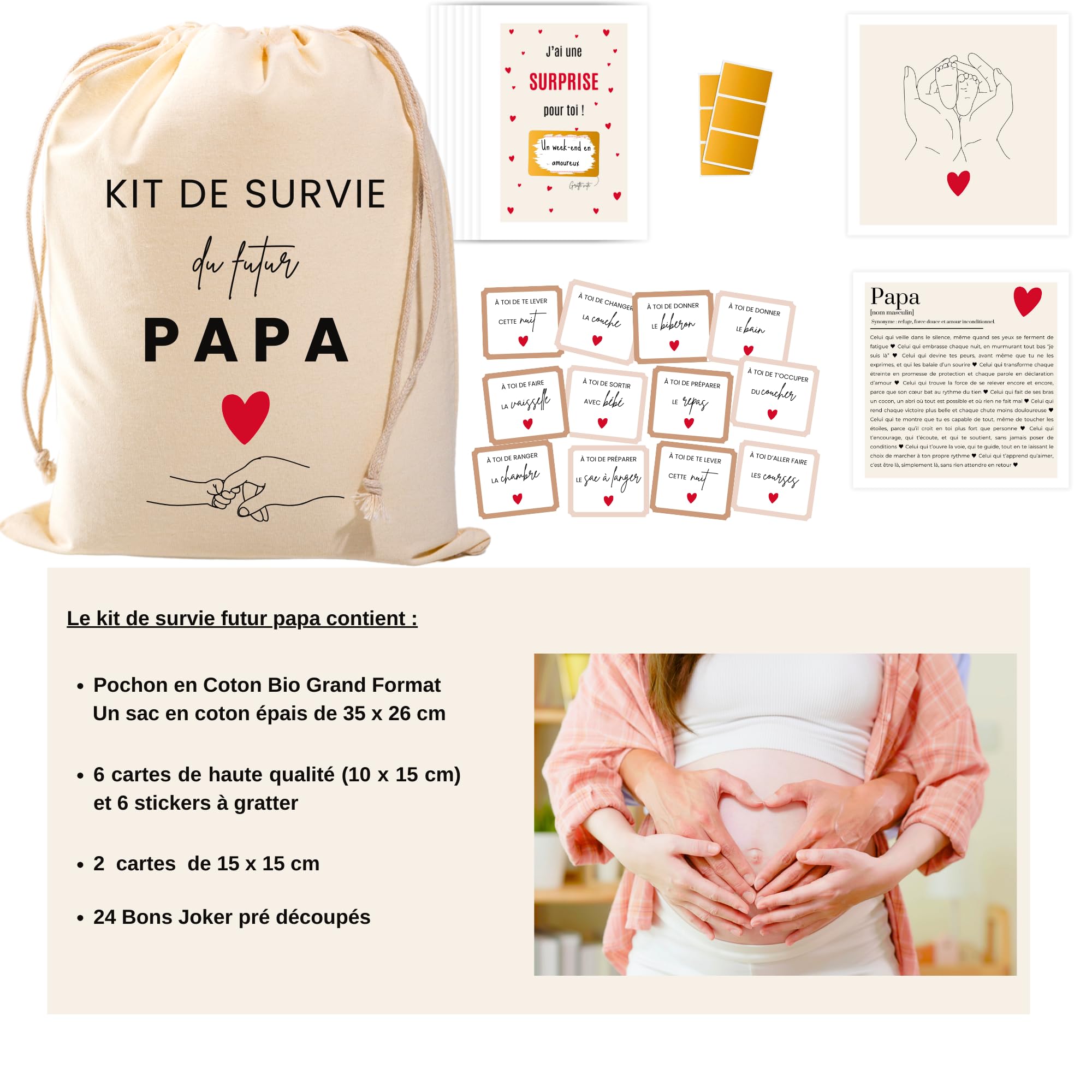 Kit de Survie pour Futur Papa - Boîte à Papa Cadeau de Naissance - Pochon en Coton Bio avec Cartes à Gratter & Bons Joker - Idéal pour Baby Shower, Annonce de Grossesse, Gender Reveal