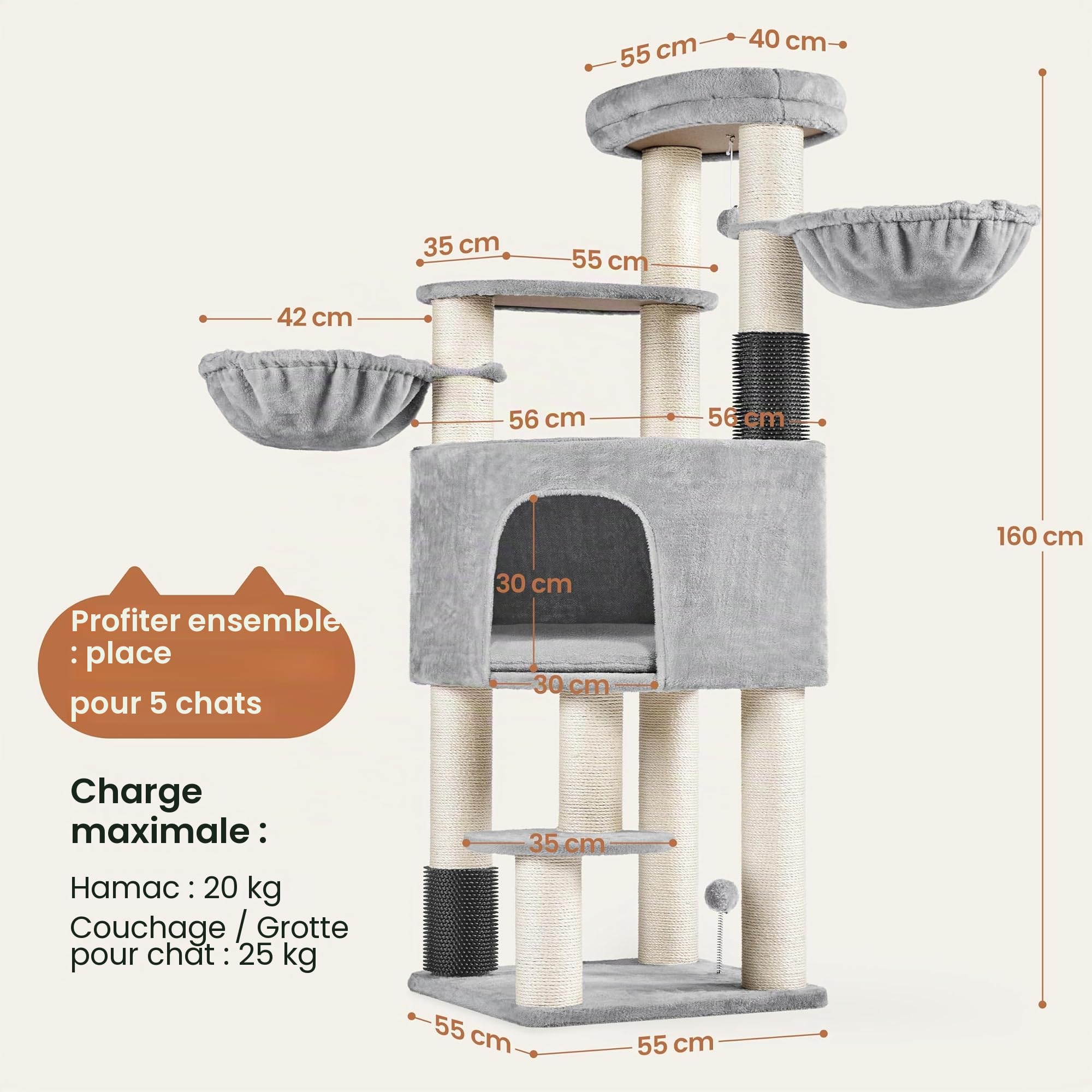 Yaheetech Grand Arbre à Chat avec Griffoirs, Niche, Paniers, Perchoir, Jouets Brosse pour Chat 25 KG, 56×56×160 cm, Poteaux en Sisal 11 cm Ø, Tour de Jeux Solide pour Les Maine Coons Gris Clair/Beige