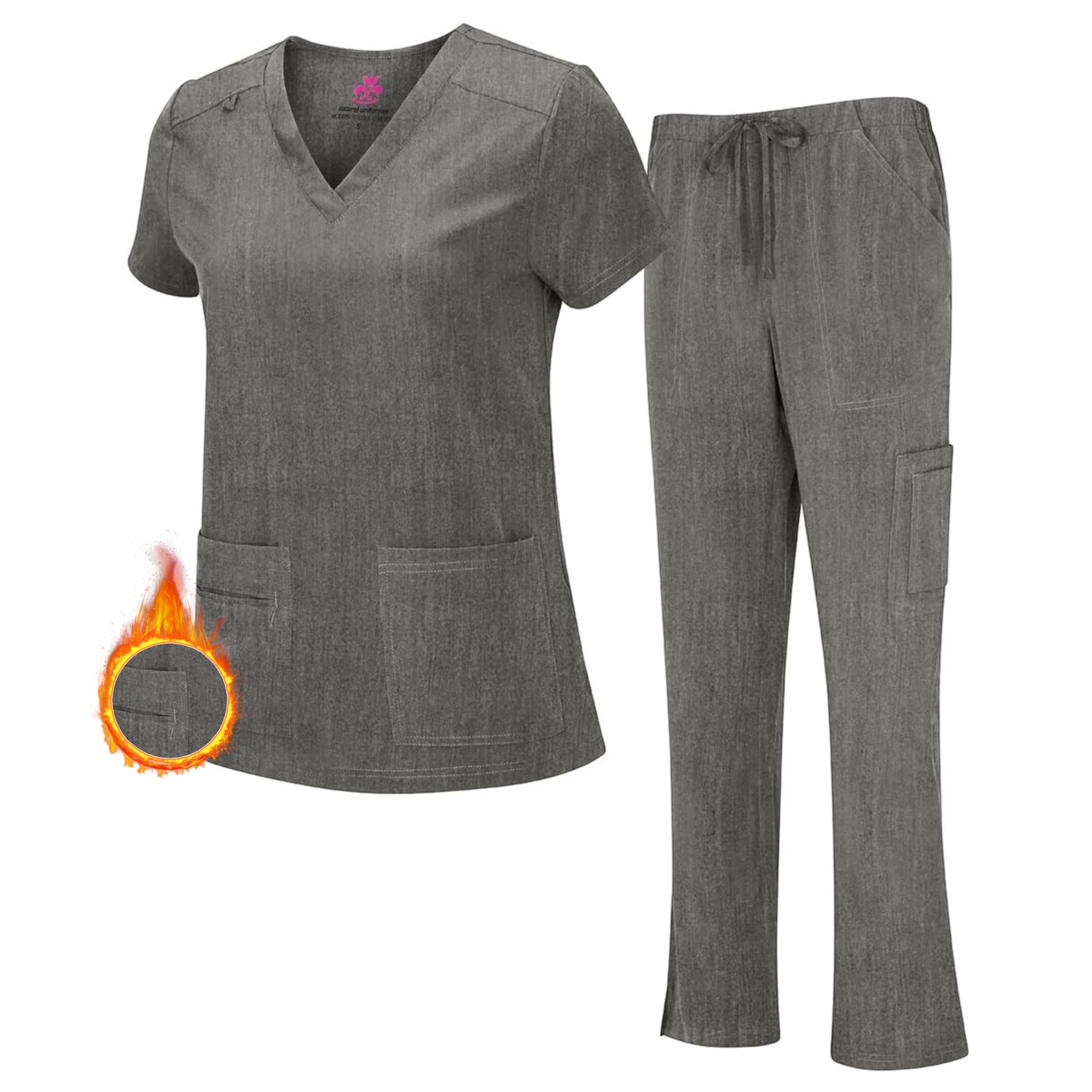 M&M SCRUBSM&M SCRUBS Women's Breathable Cool Stretch Fabric Scrub Top and cargo Pant Set (Heather Grey, Medium)