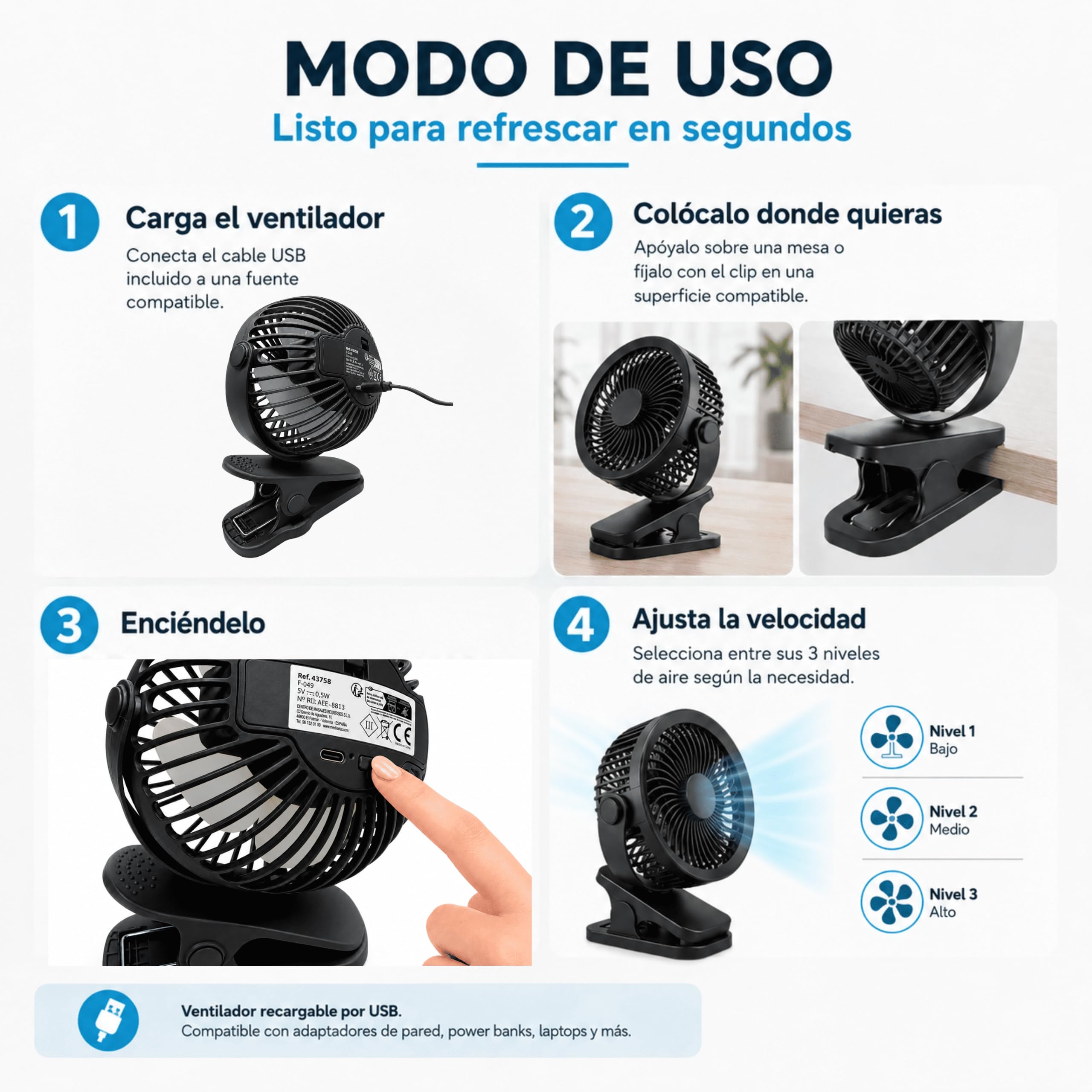 MUNTRADE Pack 5 Ventiladores de Mesa Negro con Clip Recargable USB | 3 Velocidades, Batería 800 mAh, Mini Ventilador Portátil, Escritorio, Oficina, Dormitorio, Viaje y Camping