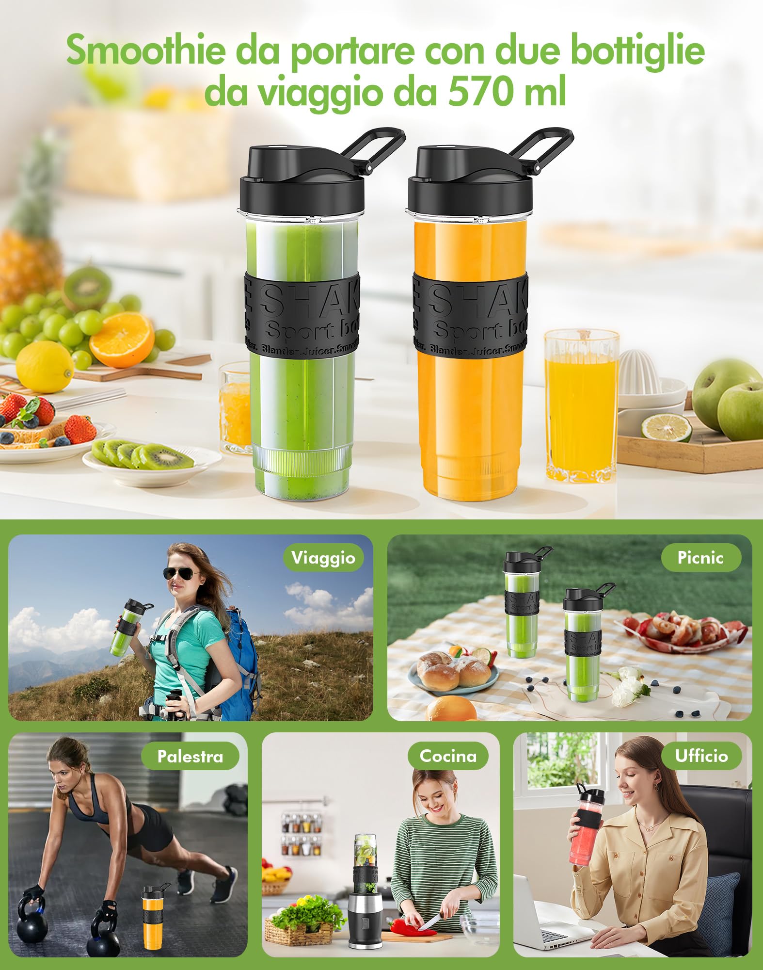 Frullatore Portatile, 500W Elettrico Frullatore Smoothie con 2 Bottiglie 570ml, Design Compatto e Facile da Pulire,Lame in Acciaio Inox, Mini Blender per Gelato, Frutta, Verdura