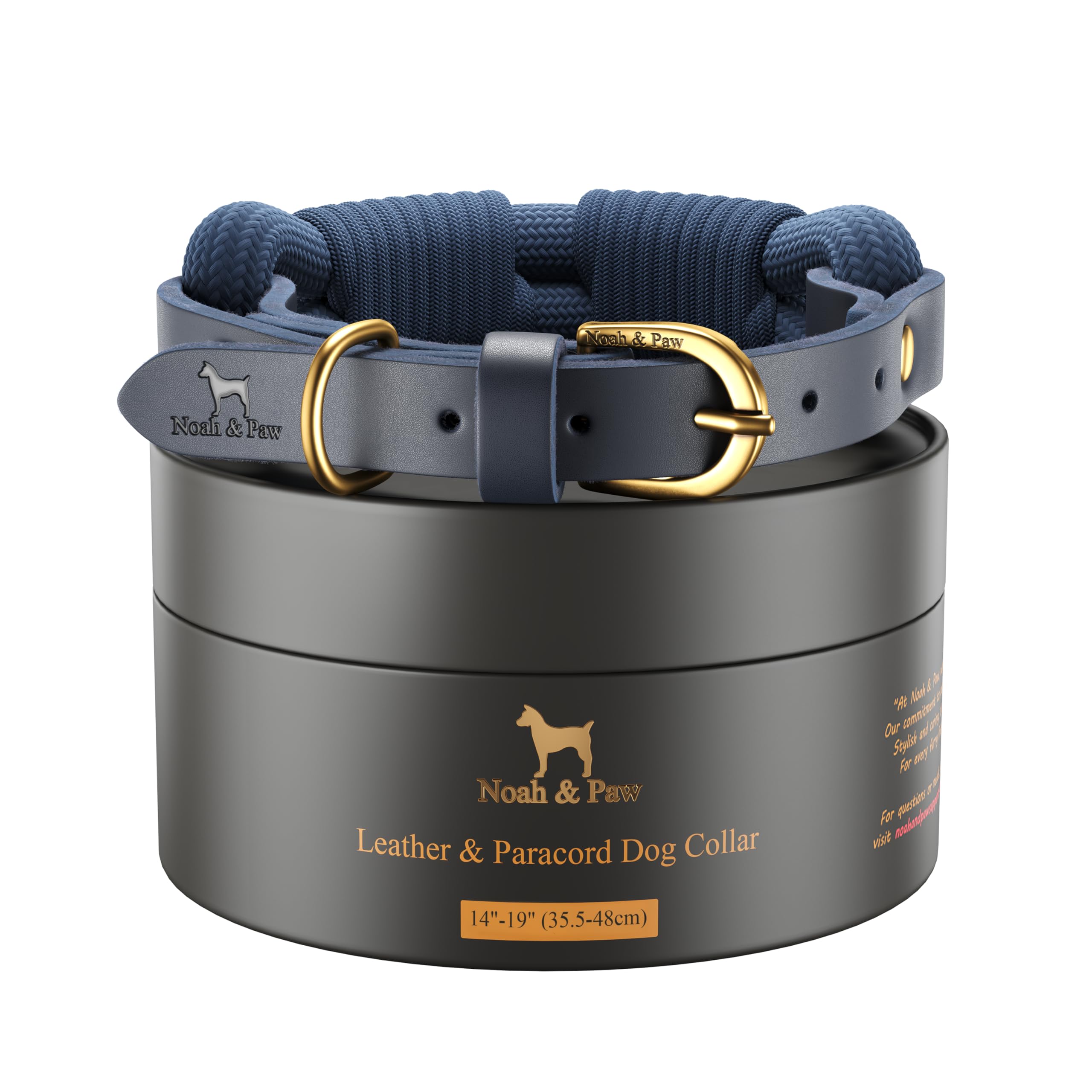 NOAH & PAW Dog Collar for Medium Dogs, Genuine Leather Medium Dog Collar with Paracord, Heavy Duty Metal Buckle, Unisex Colors for Girl and Boy, Neck Size 14"-19" (Dark Blue).