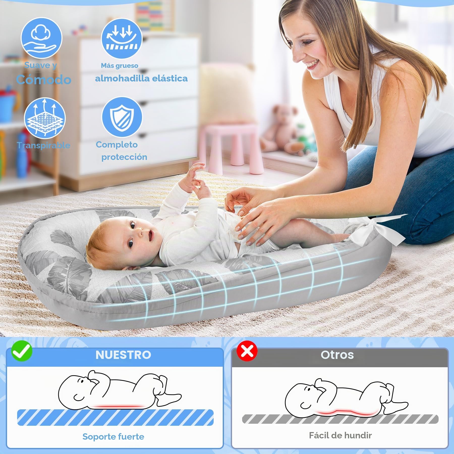 URMYWO Baby Nest - Cuna para recién nacido, 90 x 50 cm, hecha a mano, de doble cara, de viaje, 100 % algodón, nido de bebé