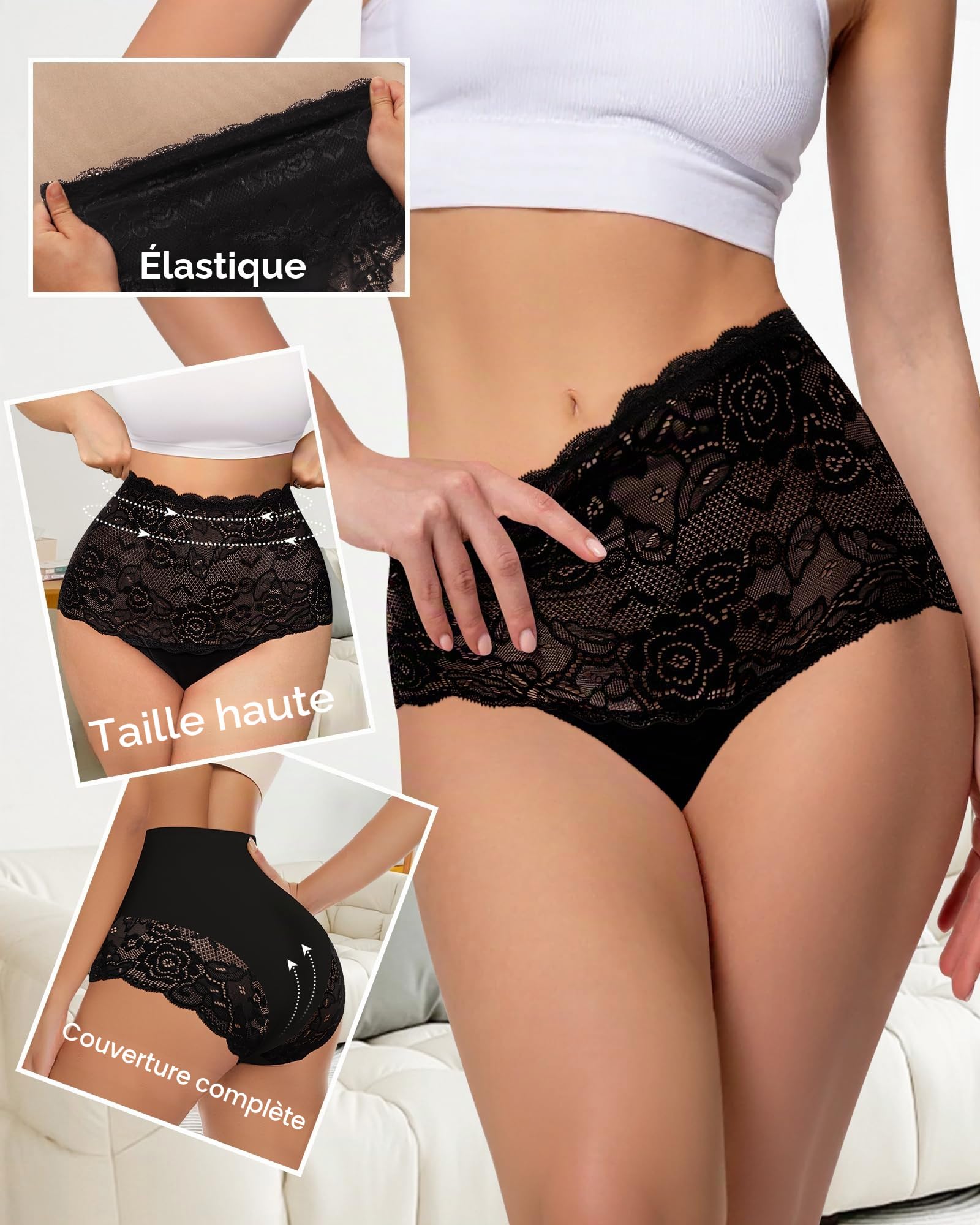 Lot de 4 sans Couture Culotte Taille Haute en Dentelle Elasticité Femme Sexy Slip Respirant Couverture Complète