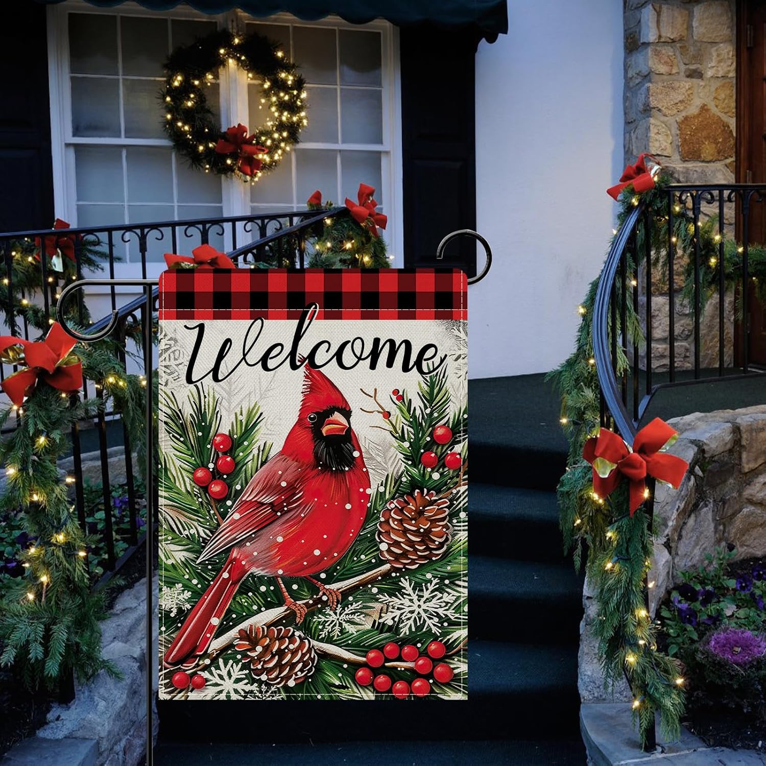 Dyrenson Welcome Christmas Cardinal Decorative Garden Flag, Xmas Red Bird Pine Cone Needle Berries Yard Outside Home Decoration, Winter Holiday Burlap Outdoor Small Decor Double Sided 12 x 18 - Image 6