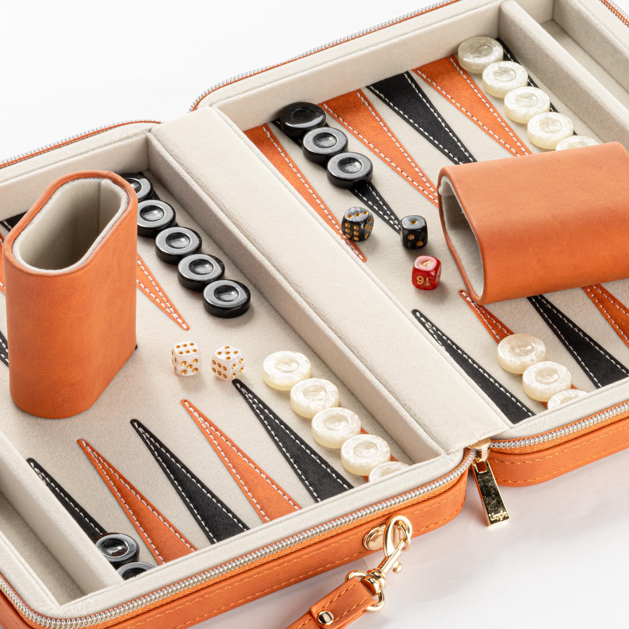 Set di backgammon per adulti, classico gioco da tavolo con custodia pieghevole in pelle Backgammon, set da viaggio portatile (arancione)