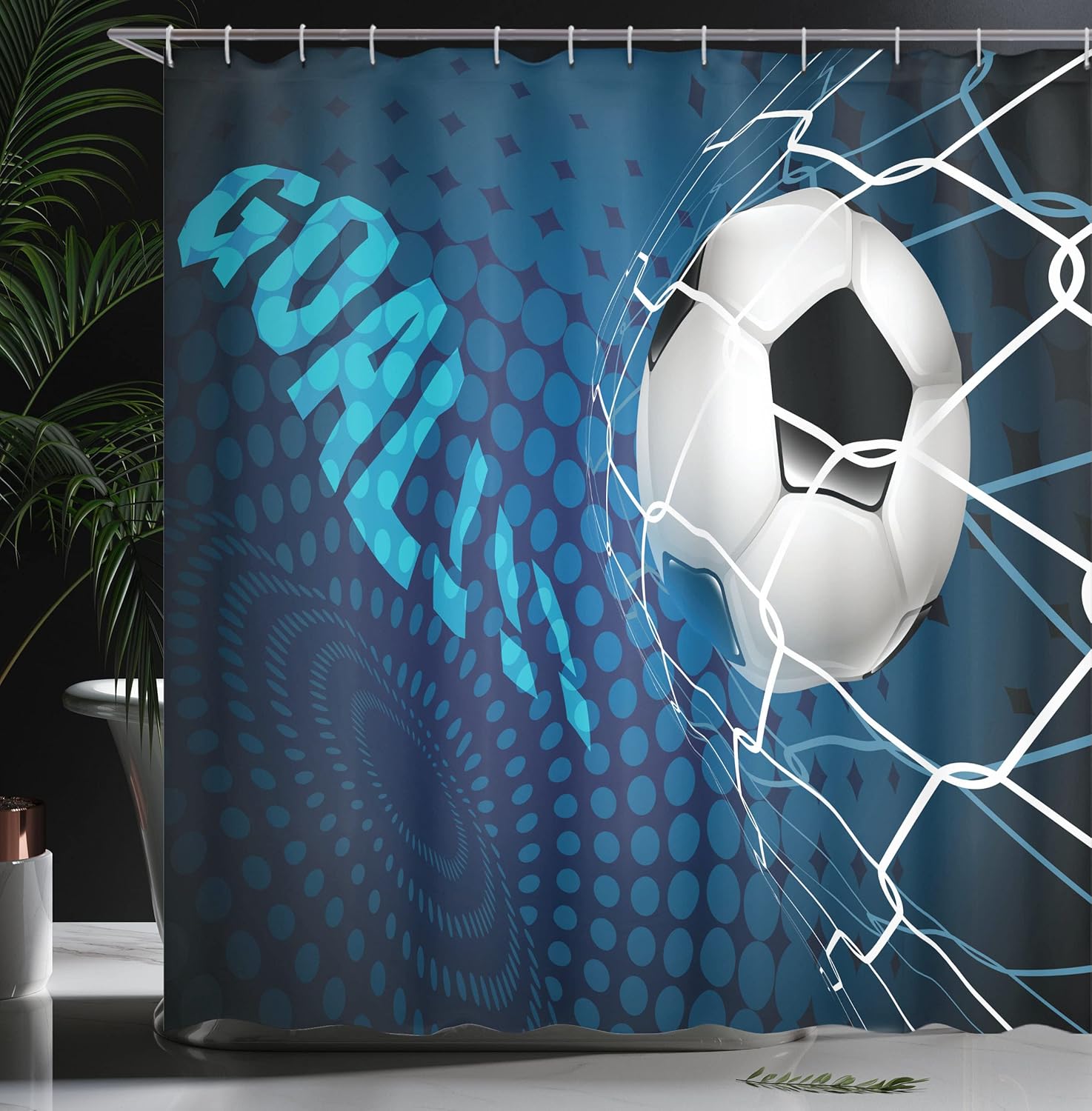 Ambesonne Soccer Shower Curtain, Goal Football Flying into Net Abstract Dots Pattern Background European Sport, Cloth Fabric Bathroom Decor Set with Hooks, 69" W x 75" L, Blue Black White