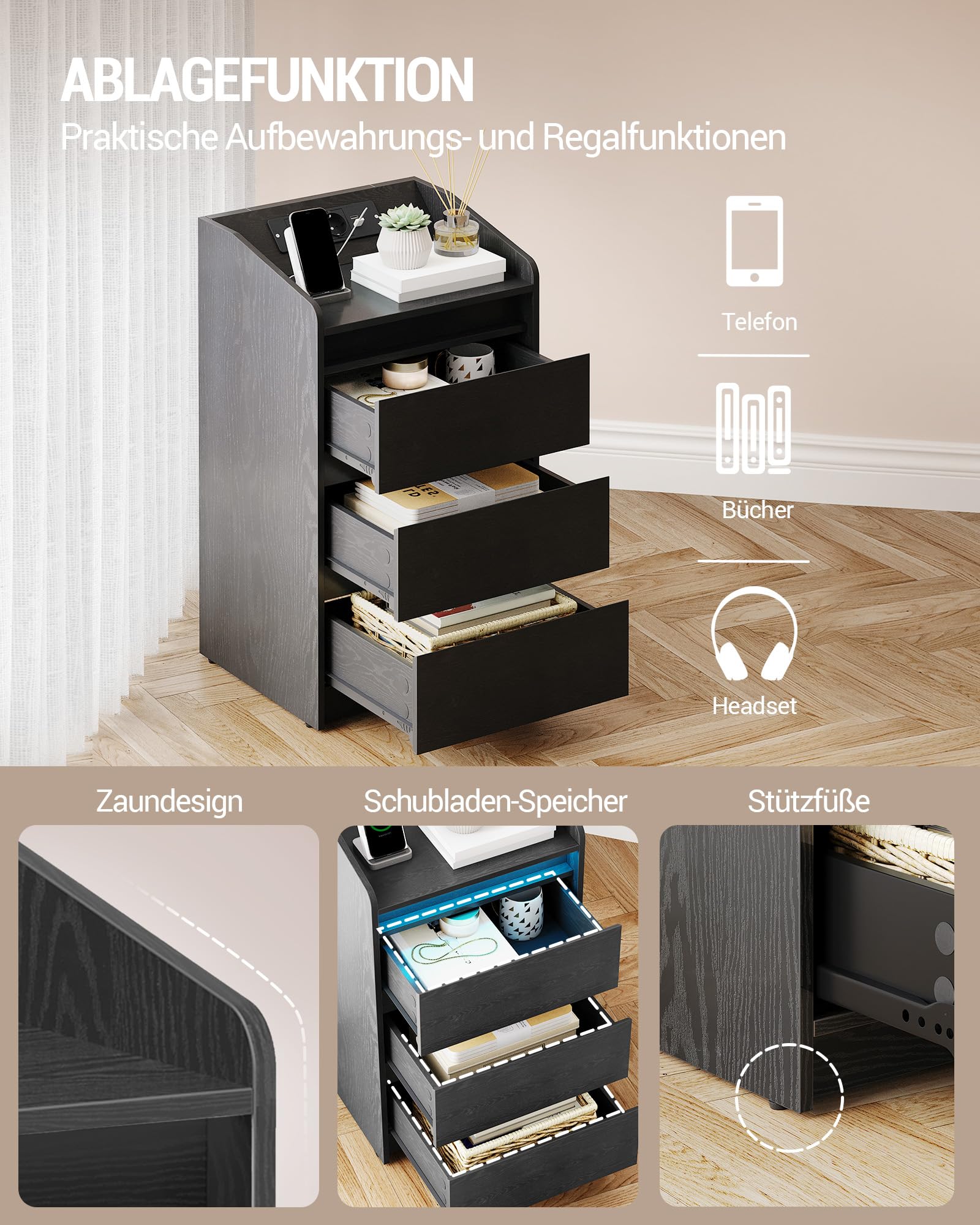 Hzuaneri Nachttisch 2er Set mit 3 Schubladen, Beistelltisch mit Ladestation und LED, 2 AC-Steckdosenund 2 USB-Anschlüsse für Schlafzimmer, Wohnzimmer, Schwarz NS40104X
