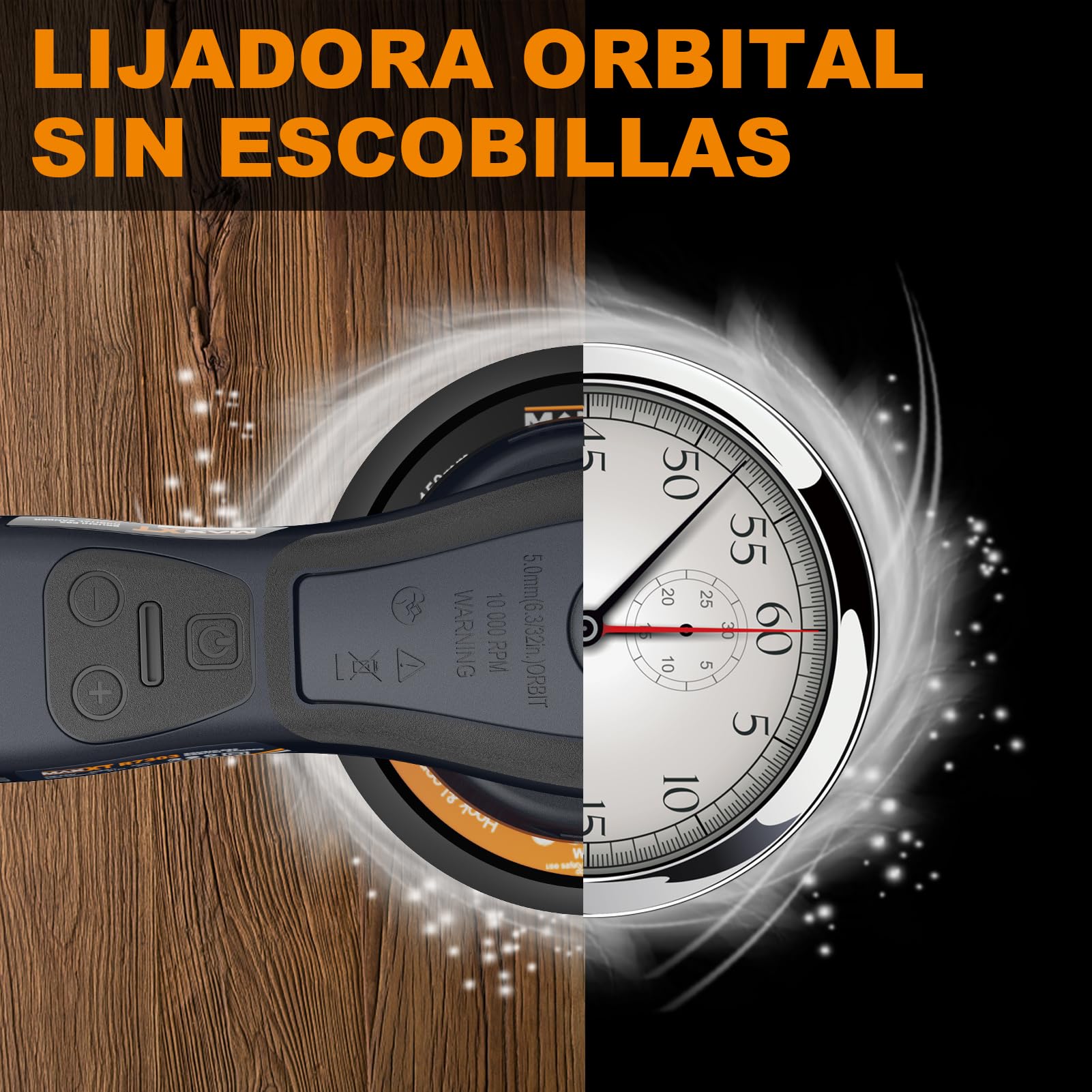 MAXXT Lijadora orbital sin escobillas 350W, Lijadora excéntrica 5.0， disco de 125mm&150mm, 4000-10000RPM(6 velocidades ajustables) Freno automático-2s, y 20 hojas de papel de lija