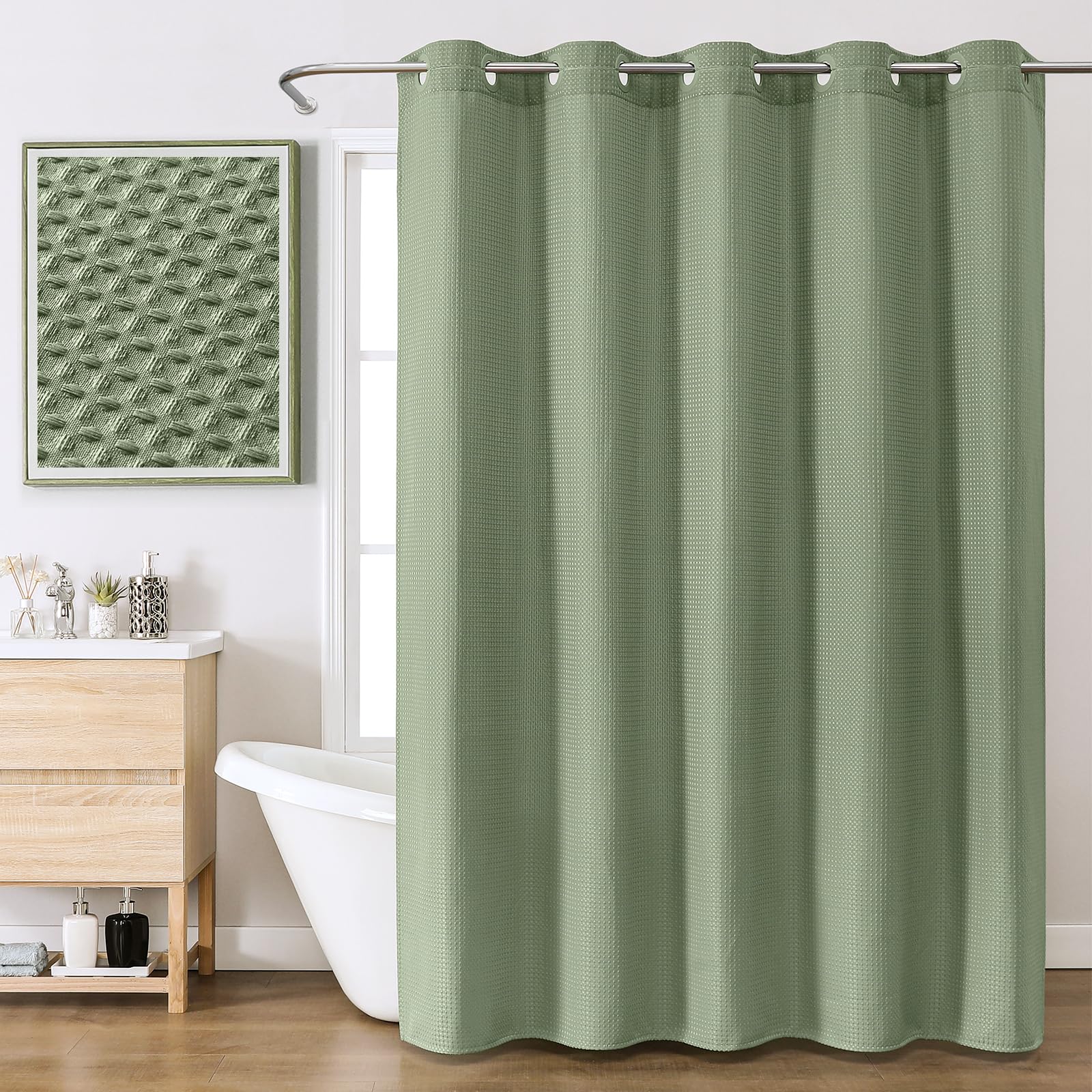FY&XZH No Hook Waffle Shower Curtain with Laminated Waterproof Backing,Hotel Style Bath Curtain with Built-in Grommets, Machine Washable Thickened Fabric Shower Curtain for Bathroom,72W x 75H, Green