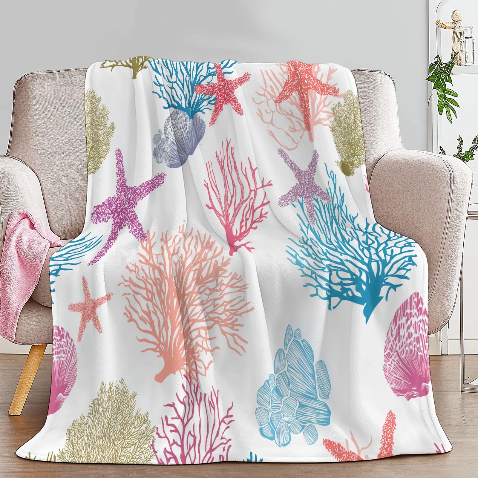 Koc flanelowy na łóżko 220 x 240 cm, miękki ciepły kreskówkowy ocean koral rozgwiazda koc zimowy ciepły oddychający lekki minimalizm dla dorosłych dzieci kobiety mężczyźni