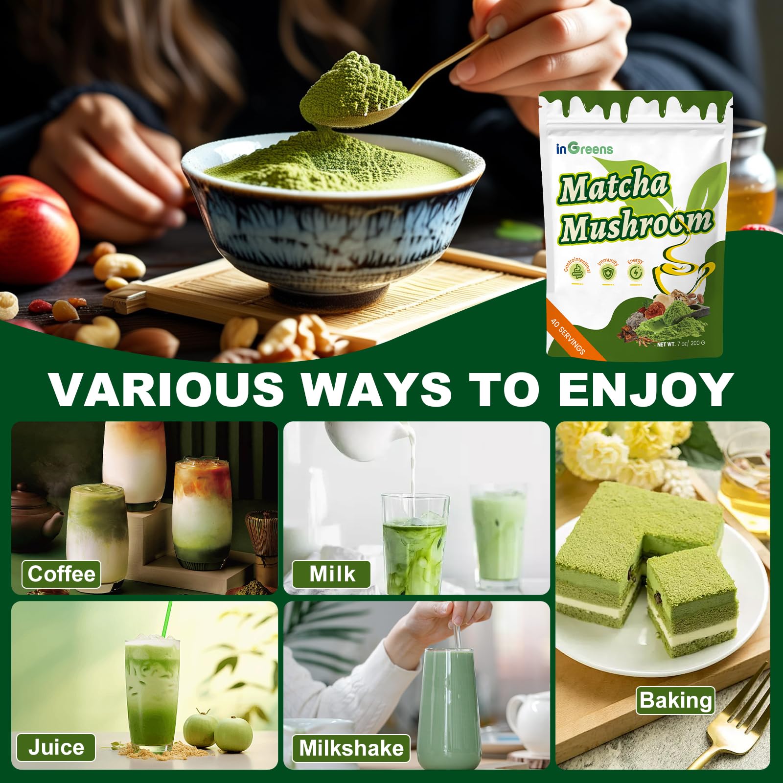 200g Mushroom Matcha - Super Premium Blend Matcha Mushroom Powder with MCT Reishi Lions Mane for Immune Strengthen — view 5