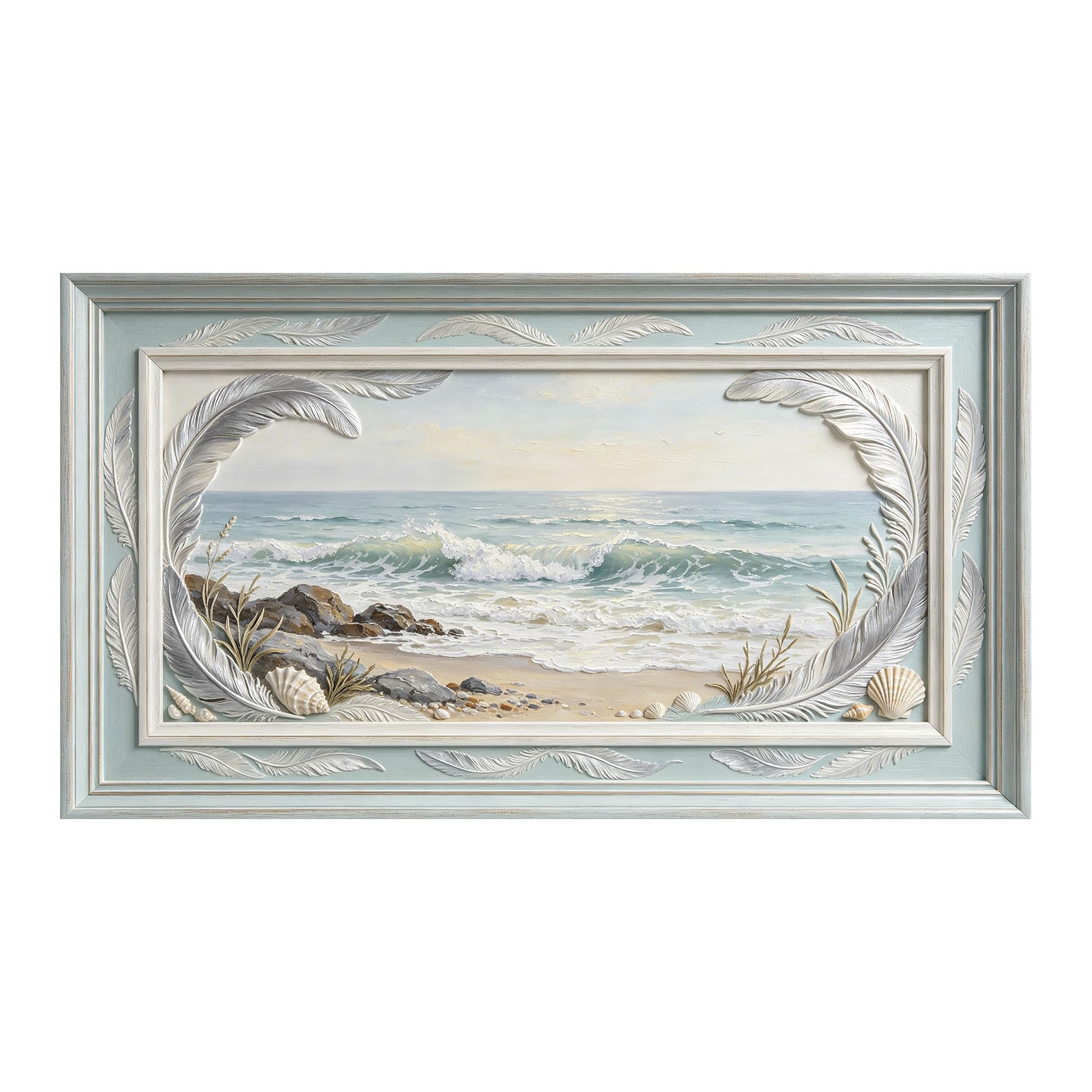 Murasolite 3D Framed Wall Art Coastal Ocean Seascape Oil Painting SelfAdhesive Fabric Mural Wall Decor， Peel and Stick No Damage to Wall， AntiFall Safe Design for Bedroom Living Room