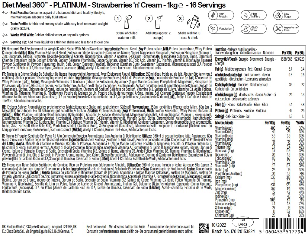 Protein Works | Diet Meal 360 – PLATINUM Innovation, Shake Repas Diététique, Soutient Perte de Poids, 26 Vitamines & Minéraux, Graines de Lin, Inuline, Oméga‑3, Fraise à la Crème, 16 Repas, 1kg