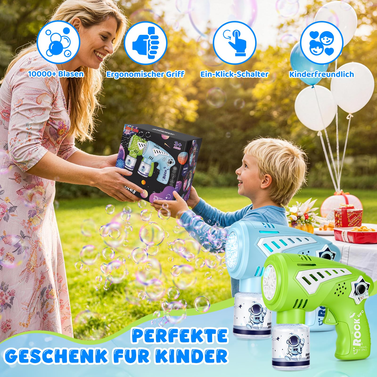 Jovicos 2 Seifenblasenpistole Kinder mit LED-Licht & Musik, Seifenblasenmaschine mit 4 Seifenblasenflüssigkeit, Seifenblasen Pistole Kinder, Bubble Gun Outdoor Spielzeug für Hochzeit Party Geschenke