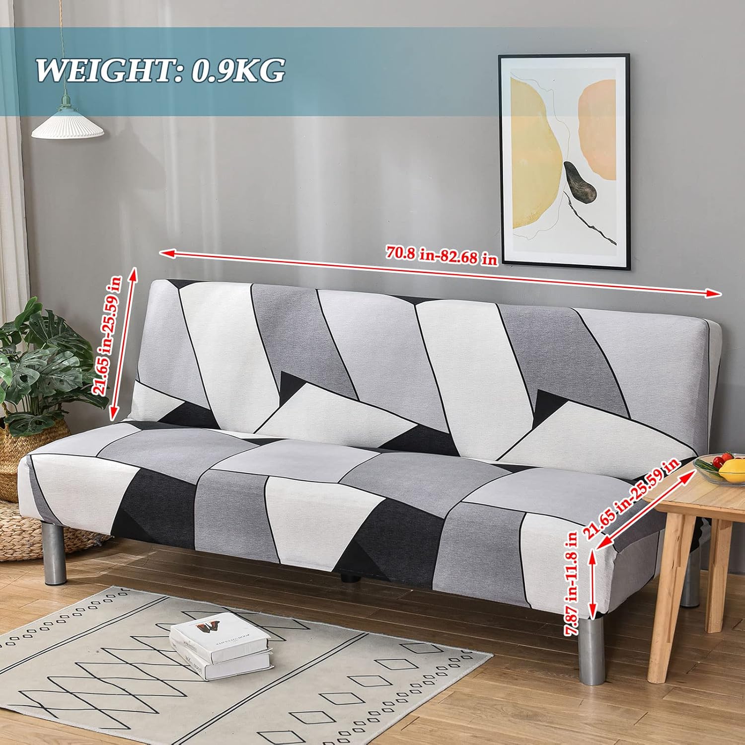 LiveGo Armless Futon Slipcovers Stretch Folding Sofa Bed Cover with Elastic Bottom, Printed Fitted Couch Cover Furniture Protector for Pets, Kids (Light Gray&White)